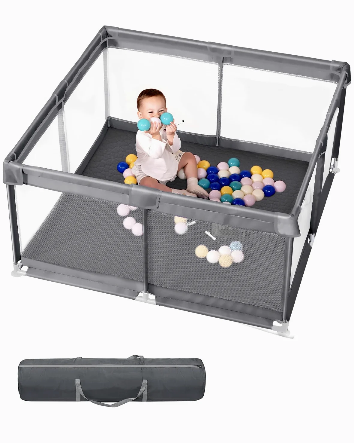 Box per bambini con tappetino morbido, extra large, area giochi sicura per interni ed esterni, con base antiscivolo, facile da montare e riporre, senza BPA (130 x 130 x 66 cm, grigio)