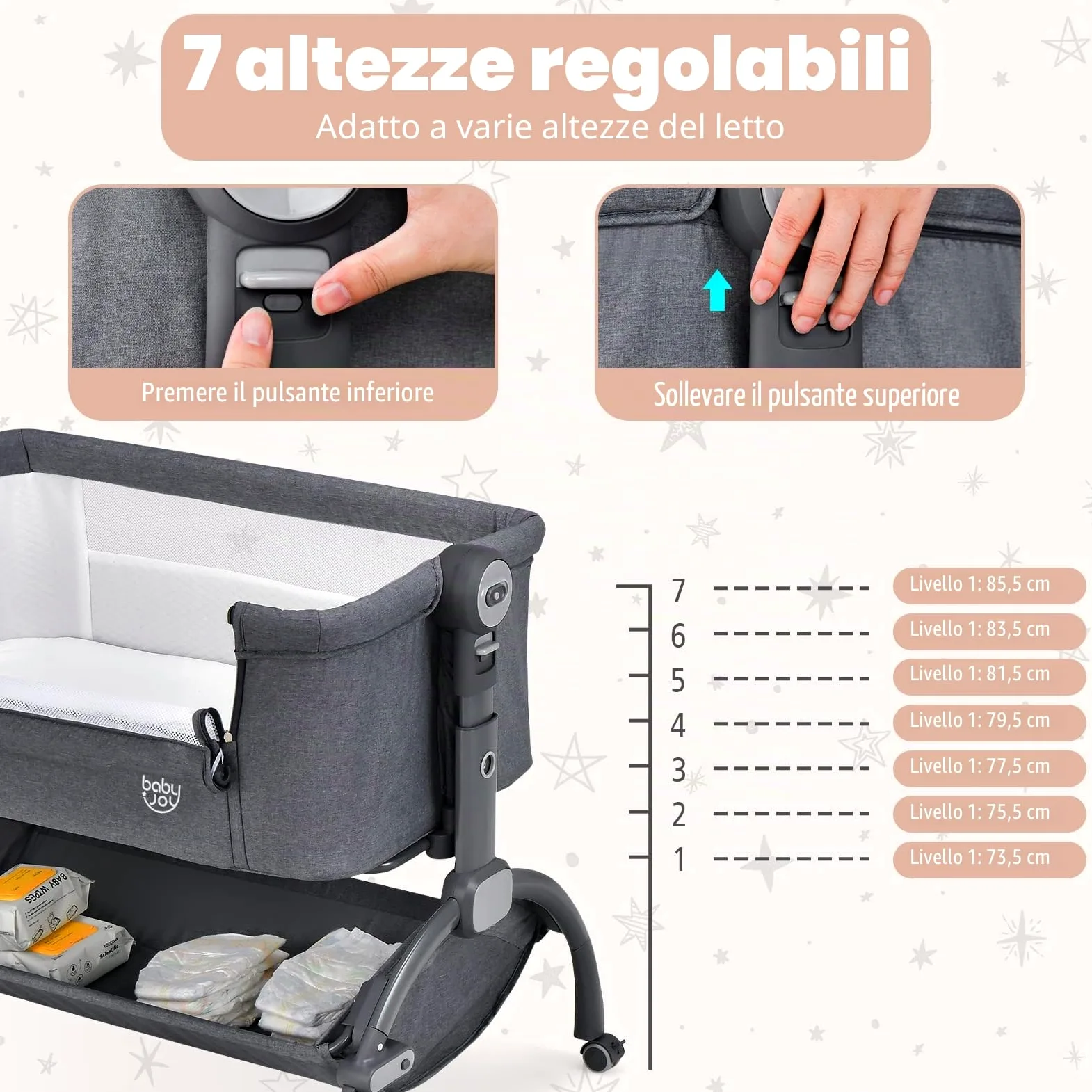 RELAX4LIFE Culla Neonato Fianco Letto, con Materasso, Zanzariera Cinghia Fissaggio, Regolabile In Altezza 7 Posizioni, Borsa di Trasporto, per Bambini 0-6 Mesi fino a 9kg (Grigio1)
