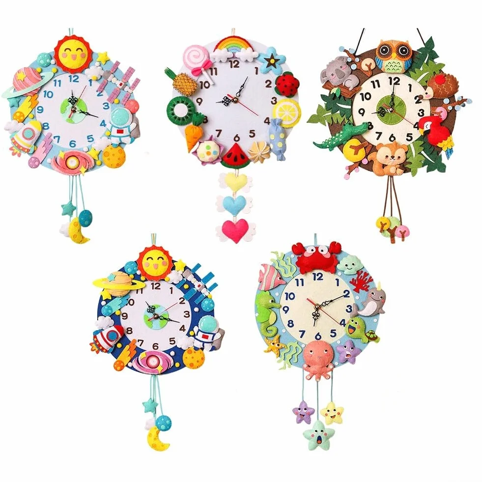 Orologio da parete in stile cartone animato fai da te unico pezzo decorativo divertente per bambini ornamenti fatti a mano personalizzabili con materiale non tessuto (E)