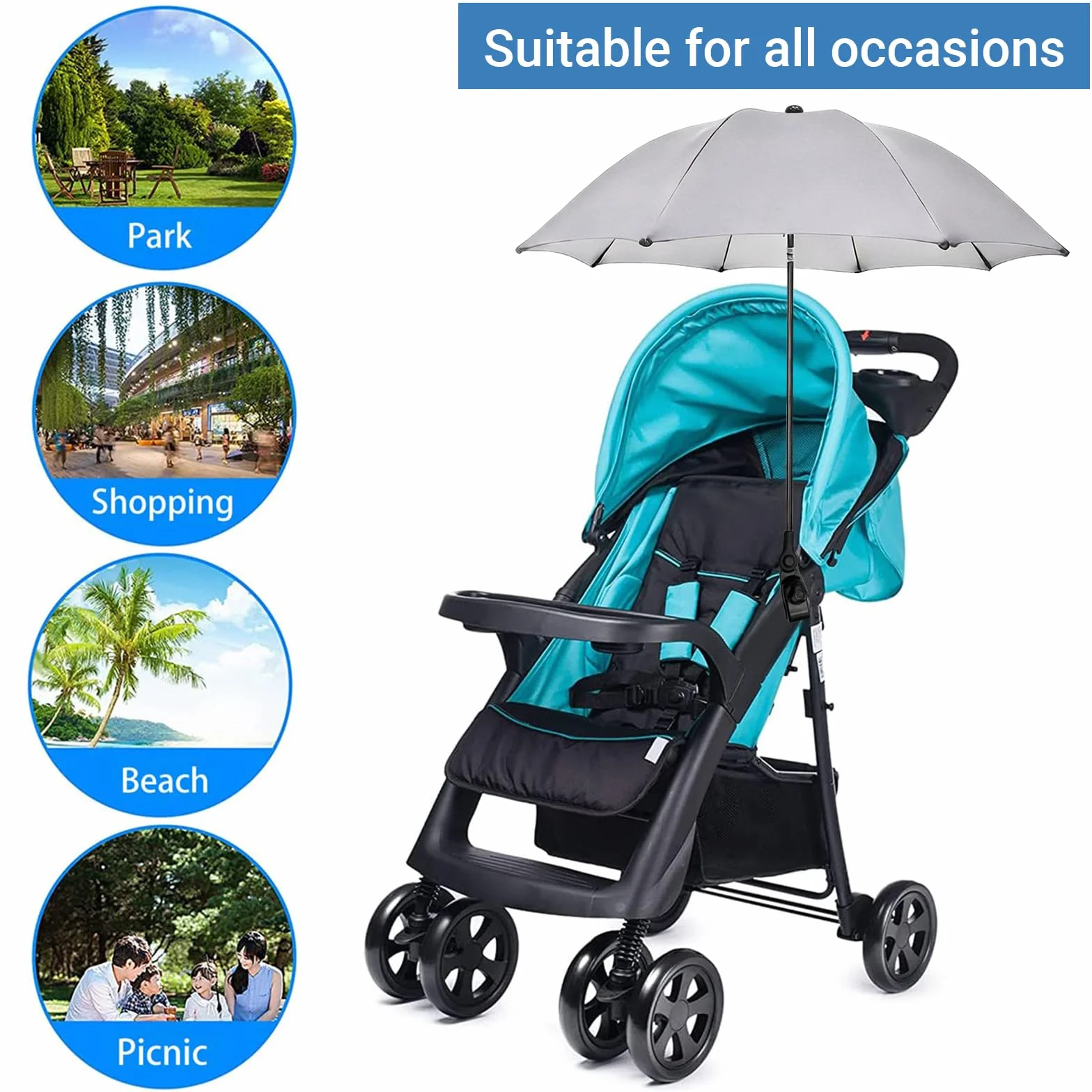 Ombrellino Passeggino Universale, Ombrellino Parasole Passeggino Anti UV 50+, Ombrello Parasole Passeggino con Un Manico, Ombrellone per Passeggino per Carrozzina e Passeggino-Grigio