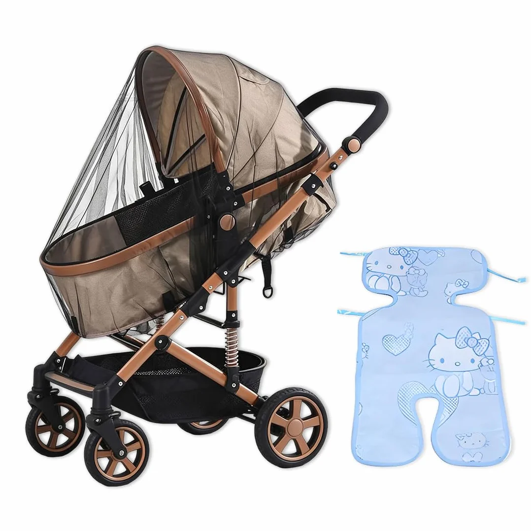 2 Pezzi, Set Zanzariera e Copertina Rinfrescante per Passeggino, Rete Antizanzare e Federa in Tulle di Cotone e Seta Ghiacciata, Ideale per Neonati in Estate, Nero e Blu Ghiaccio
