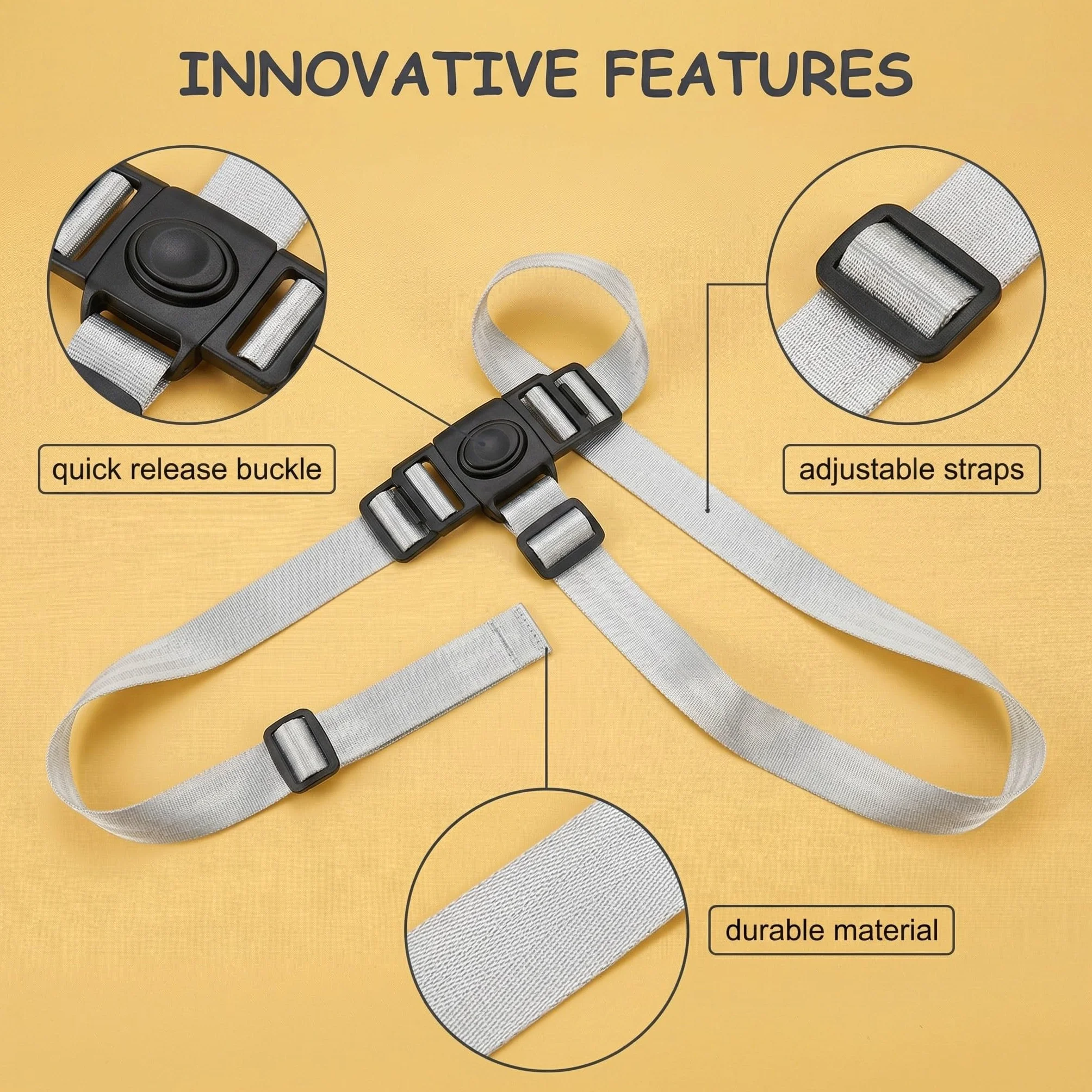 Cintura di Sicurezza a 3 Punti per Seggiolone Pappa, Imbracatura di Ricambio Universale e Regolabile, Cinghia di Protezione per Passeggino, Carrozzina e Sedia Bumbo (Grigio Bianco)