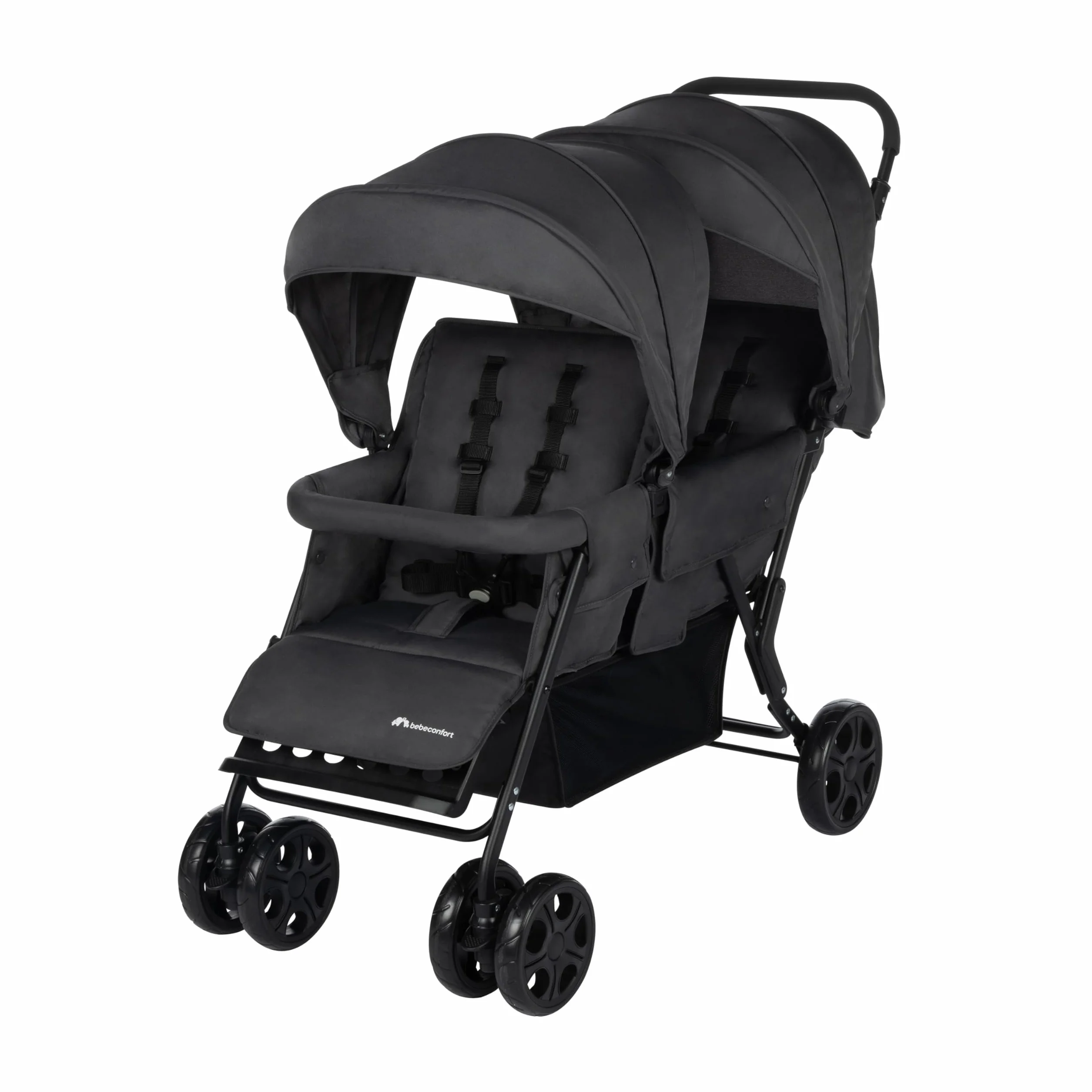 Bebeconfort Teamy passeggino fratellare gemellare lineare, passeggino tandem doppio leggero e compatto, pesa solo 12,5 kg, con parapioggia e coprigambe inclusi, Mineral Graphite
