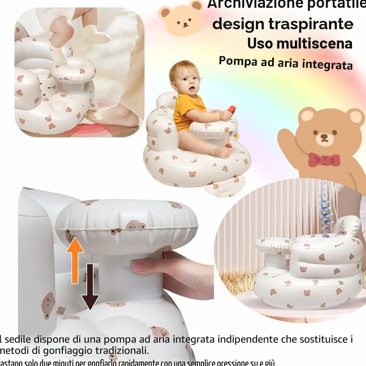 Seggiolino gonfiabile per bambini da 4 a 24 mesi con pompa ad aria integrata, supporto per la schiena per bambini, sedia per sedersi, sedia per baby shower, sedile (Orso)