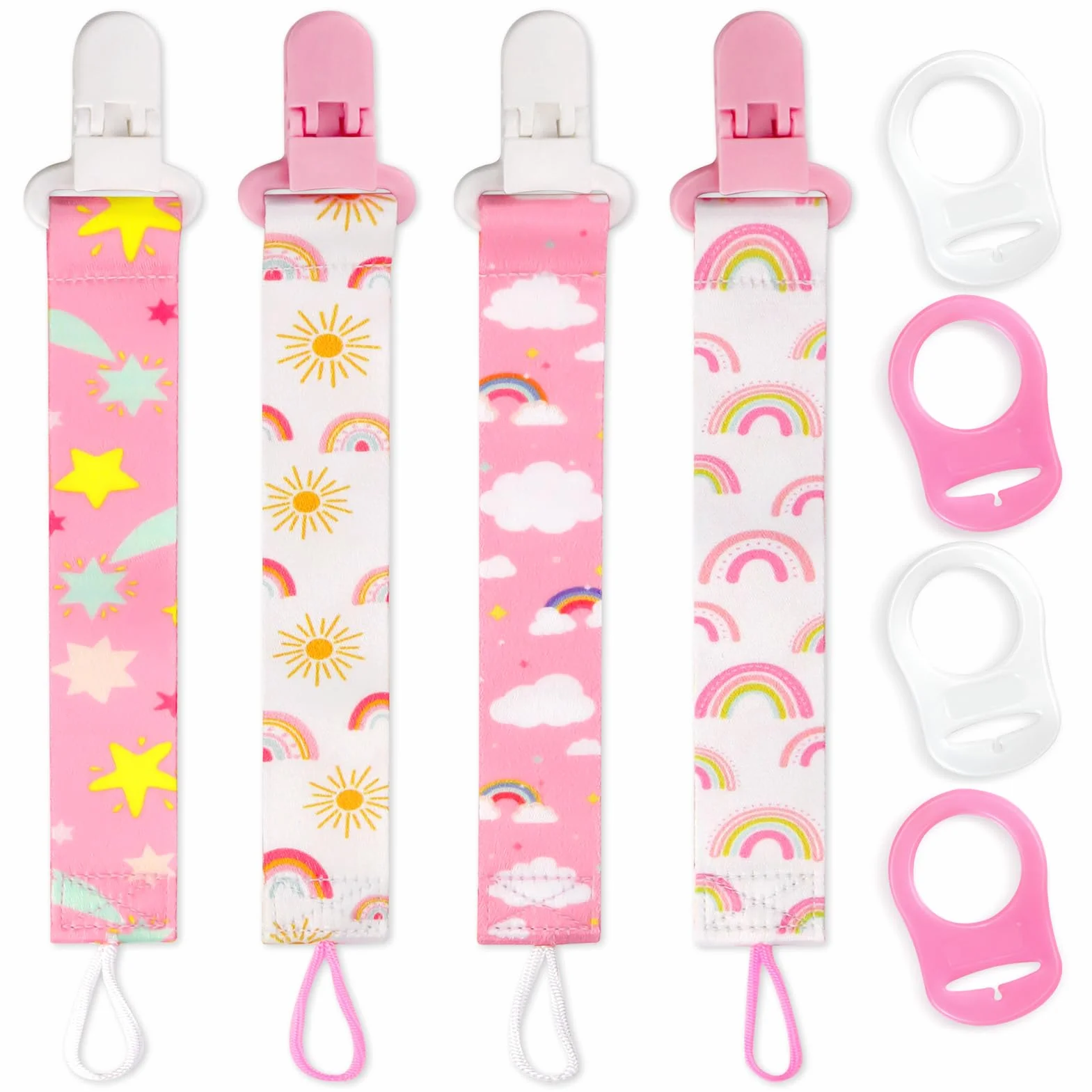 4 Pezzi Ciuccio Catena per Bambini, Catenella Porta Ciuccio con 4 Pezzi Ciuccio Clip Adattatore per Neonato per Nascita Battesimo Baby Compleanno Natale Regalo (rosa)