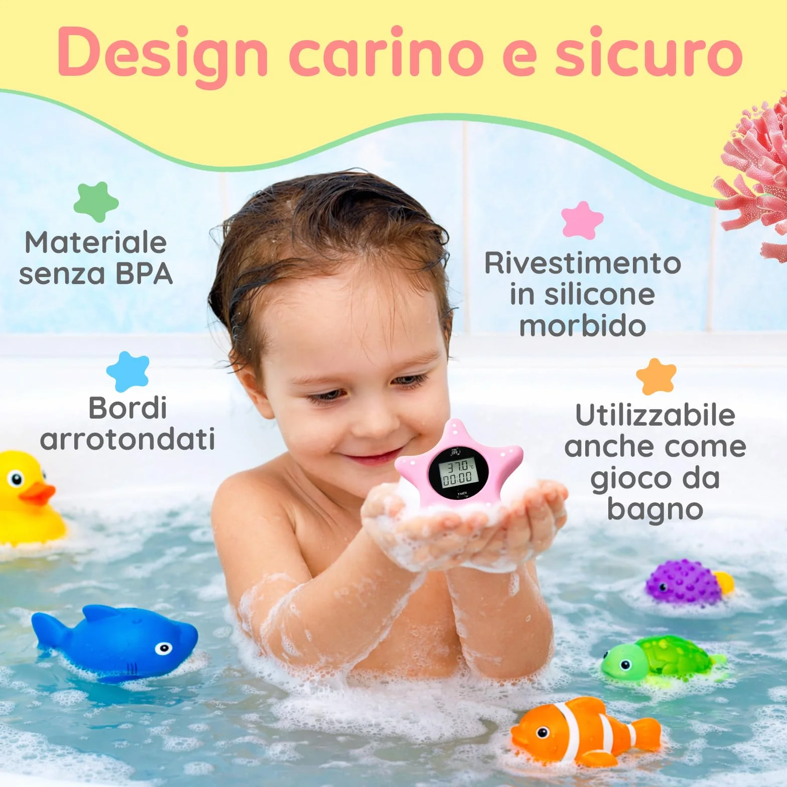 Termometro Bagno Neonato Digitale e Timer - Stella Marina in Silicone Morbido - Termometro ad Acqua Galleggiante - Giocattolo per Neonati e Bambini