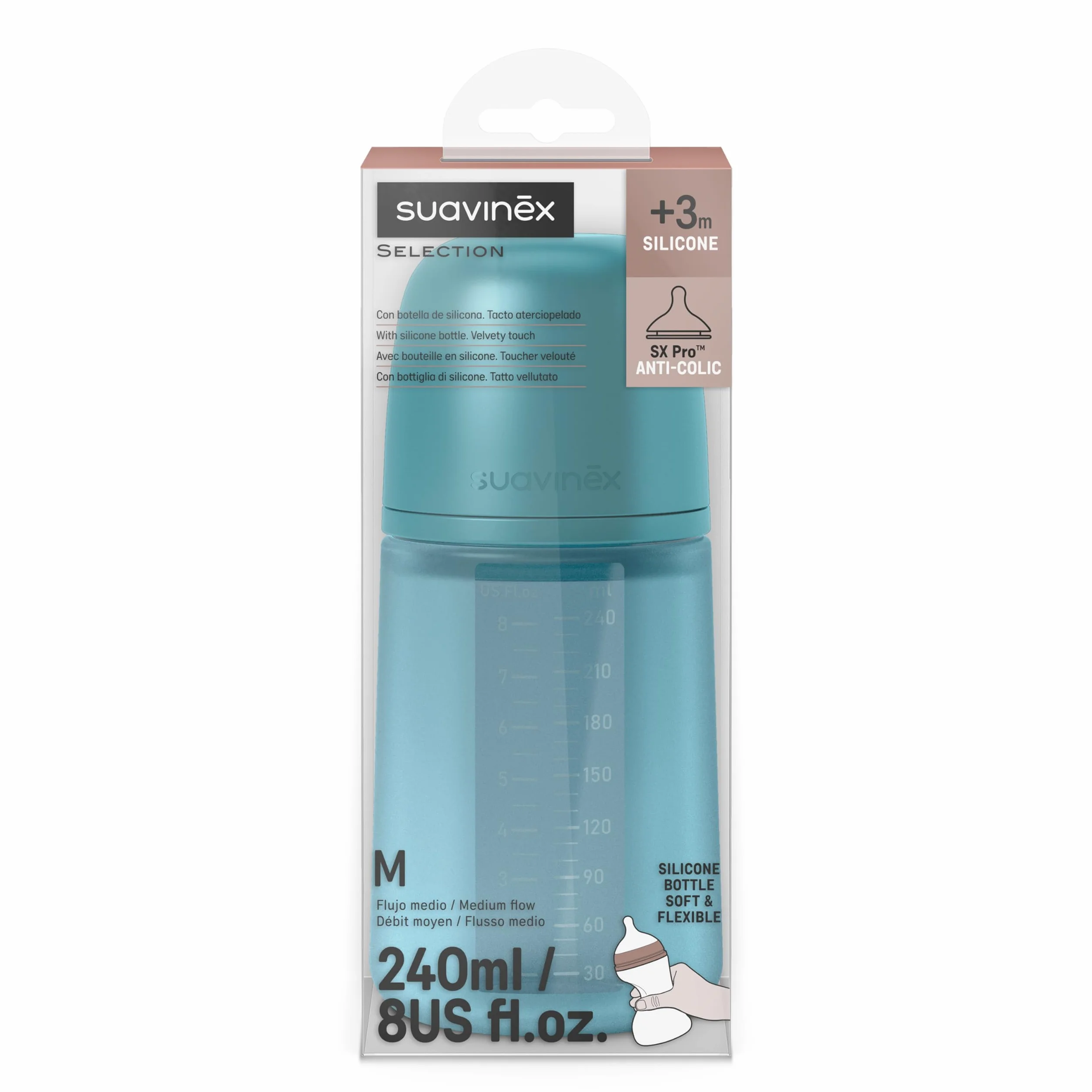 Suavinex, Biberon in Silicone da 240 ml, con Tettarella Fisiologica in Silicone SX Pro, con Valvola Anticolica, Biberon a Flusso Medio (M). Per bambini +3 mesi. Colour Essence Blu oceano