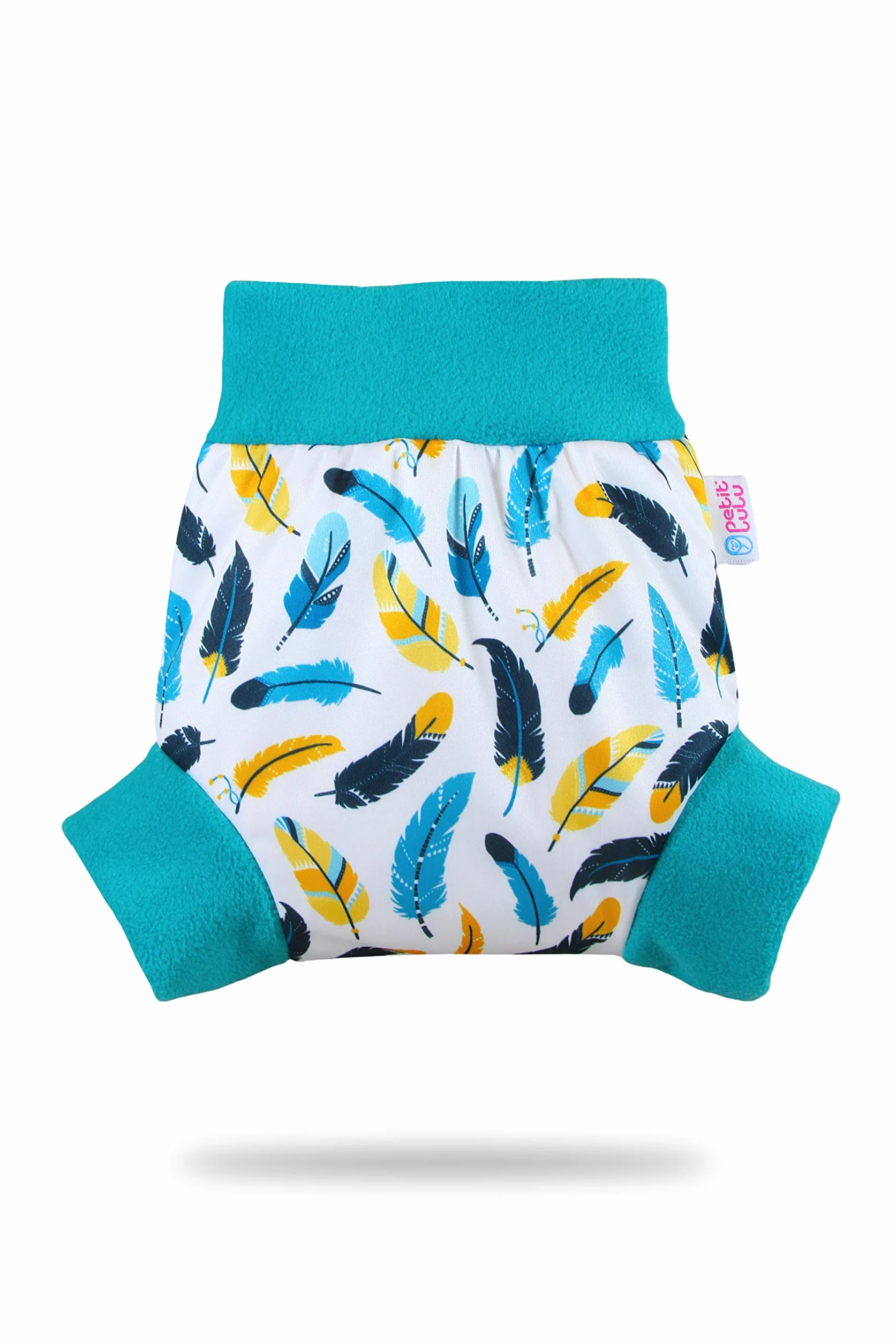 Pull Up Cover Petit Lulu | Taglia L | Con Bordi In Pile | Riutilizzabile e lavabile | Pannolini lavabili | Pannolino di stoffa | Prodotto in Europa (Turquoise Feathers)