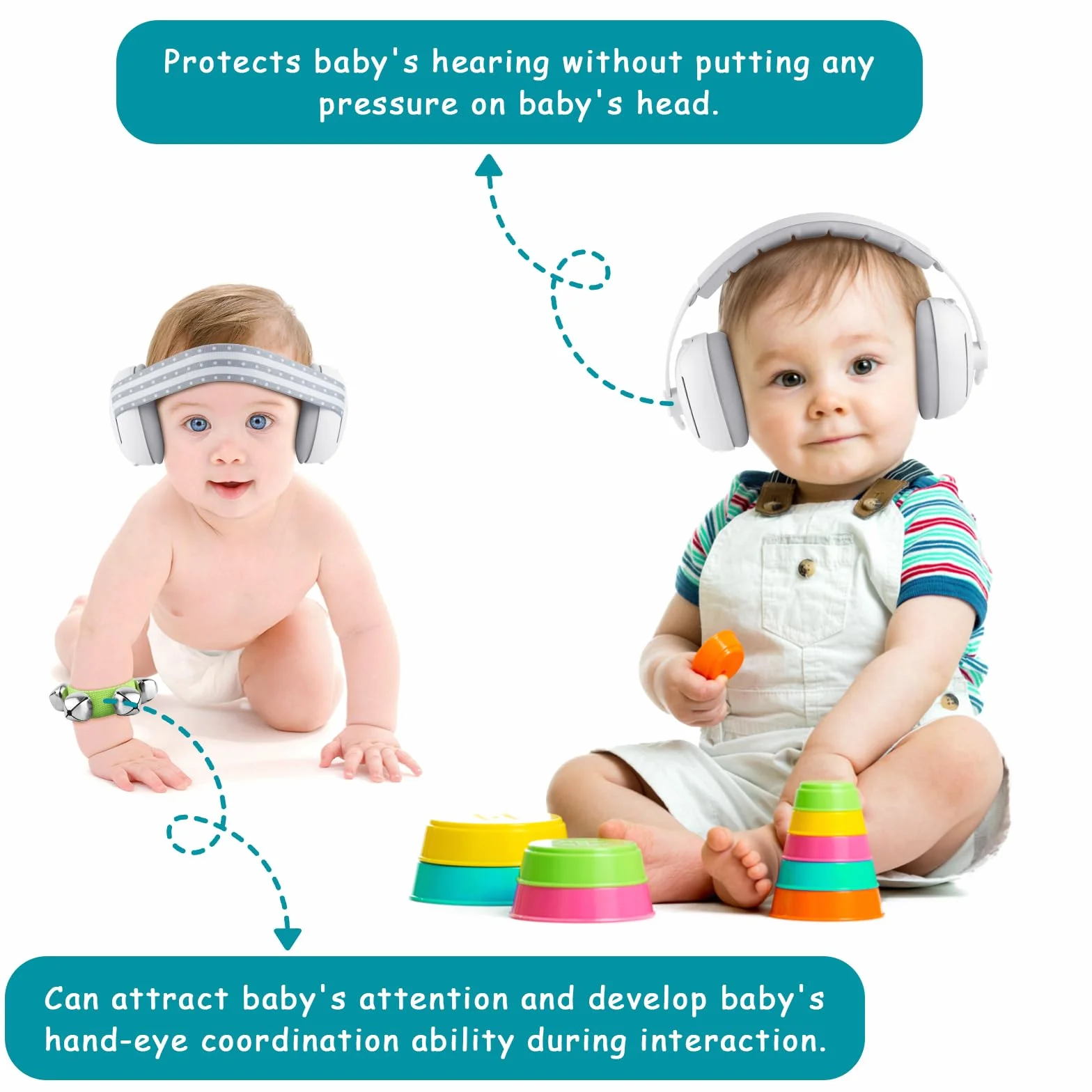 2 in 1 Cuffie Neonato Antirumore Neonati Bambini 0-4 anni Insonorizzate Rumore Aereo Concerto Bambina Protettori Acustici Protezione Udito Acustica Cuffia Morbida Baby Earmuffs + Campanelle da Polso