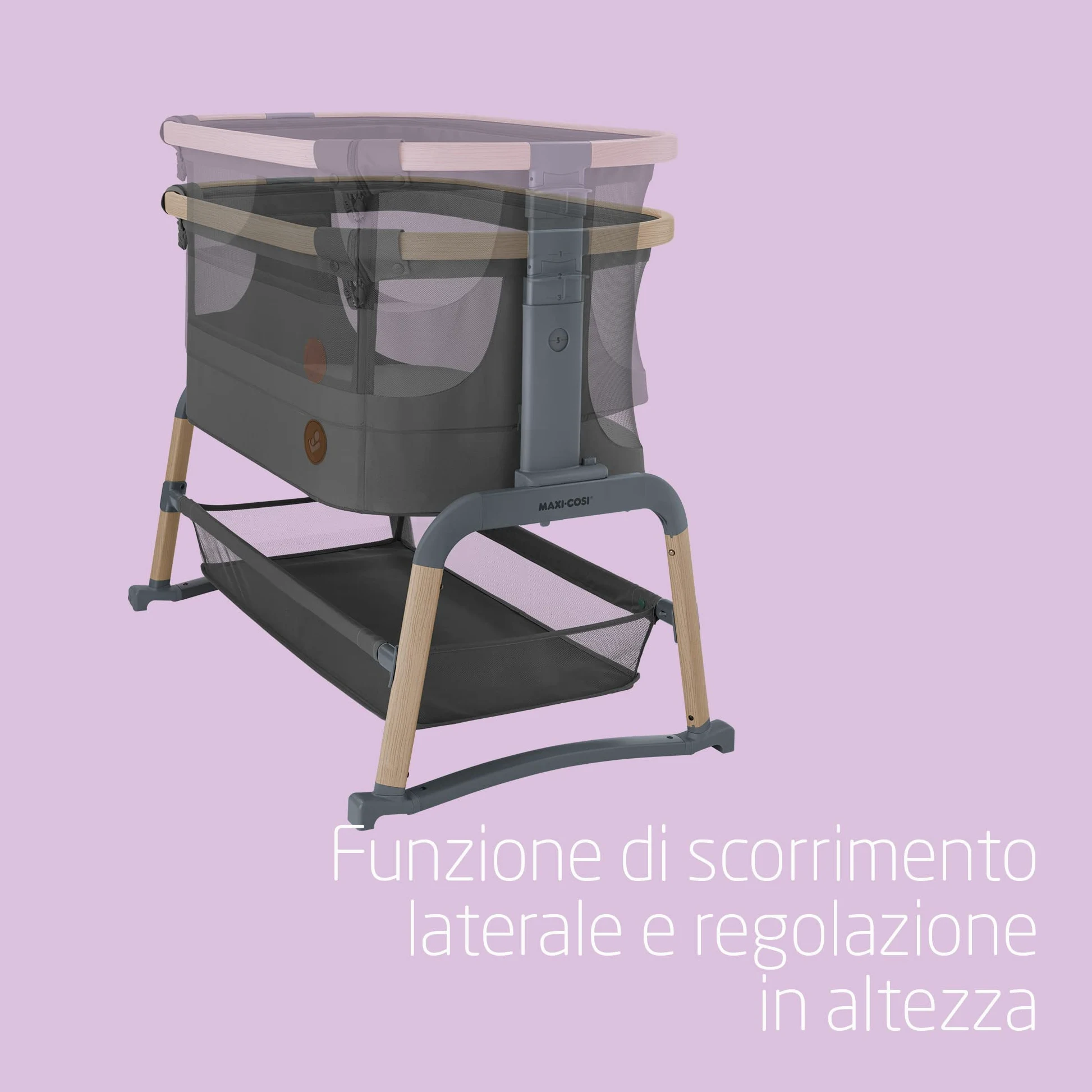 Maxi-Cosi Iora Air Lettino neonato, co-sleeping con materasso imbottito, funzione dondolo, regolabile in altezza, reclinabile,tessuti riciclati ecologici e traspiranti, 0-9 kg, Beyond Graphite