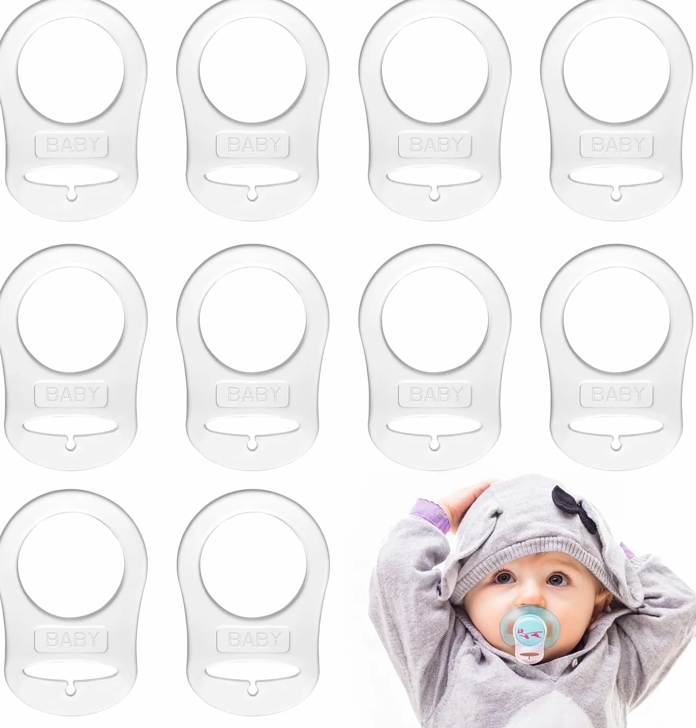 Pulsante di Silicone Anello LISOPO 12 Pezzi Adattatori per Ciuccio in Silicone, Ciuccio Clip Adattatore Adatto Alla Maggior Parte dei Succhietti per Bambini e porta ciuccio catenella MAM, trasparente