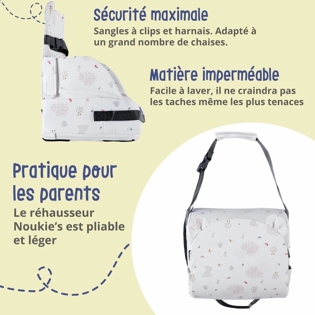 NOUKIE'S - Rialzo Rosa Bianco Bambino da 9 mesi a 3 anni Sedia per Bambini con Schienale e Cuscino- Leggero, Pieghevole e Nomade - Imbracatura, Sicurezza - Impermeabile, sfoderabile e lavabile - Max