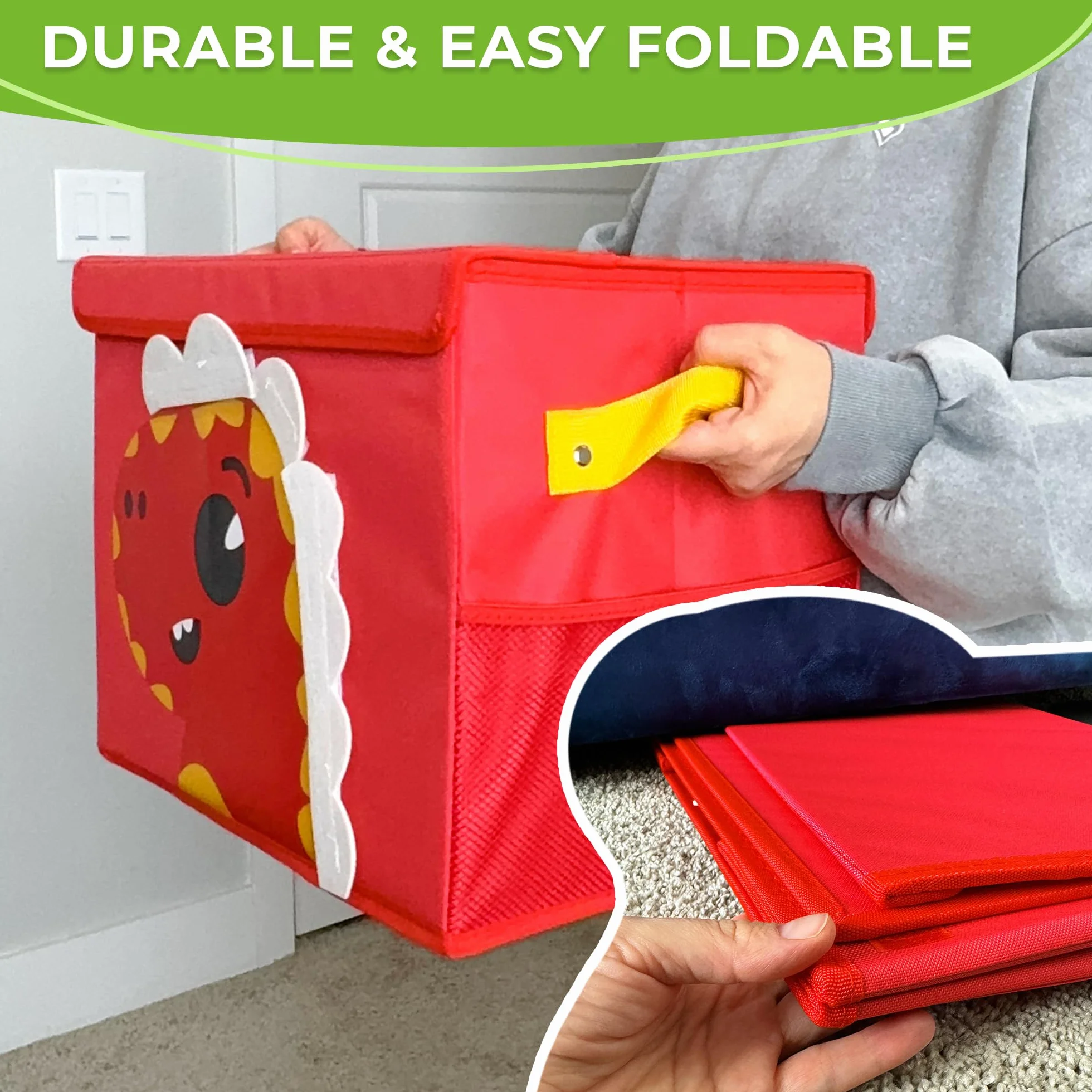 QUOKKA Katabird Toy Storage Box for Boys and Girls - Organizador de juguetes para niños (16 x 12 x 8 cm, plegable, asas, tapa abatible), diseño plegable (Dinosauro, Piccolo)