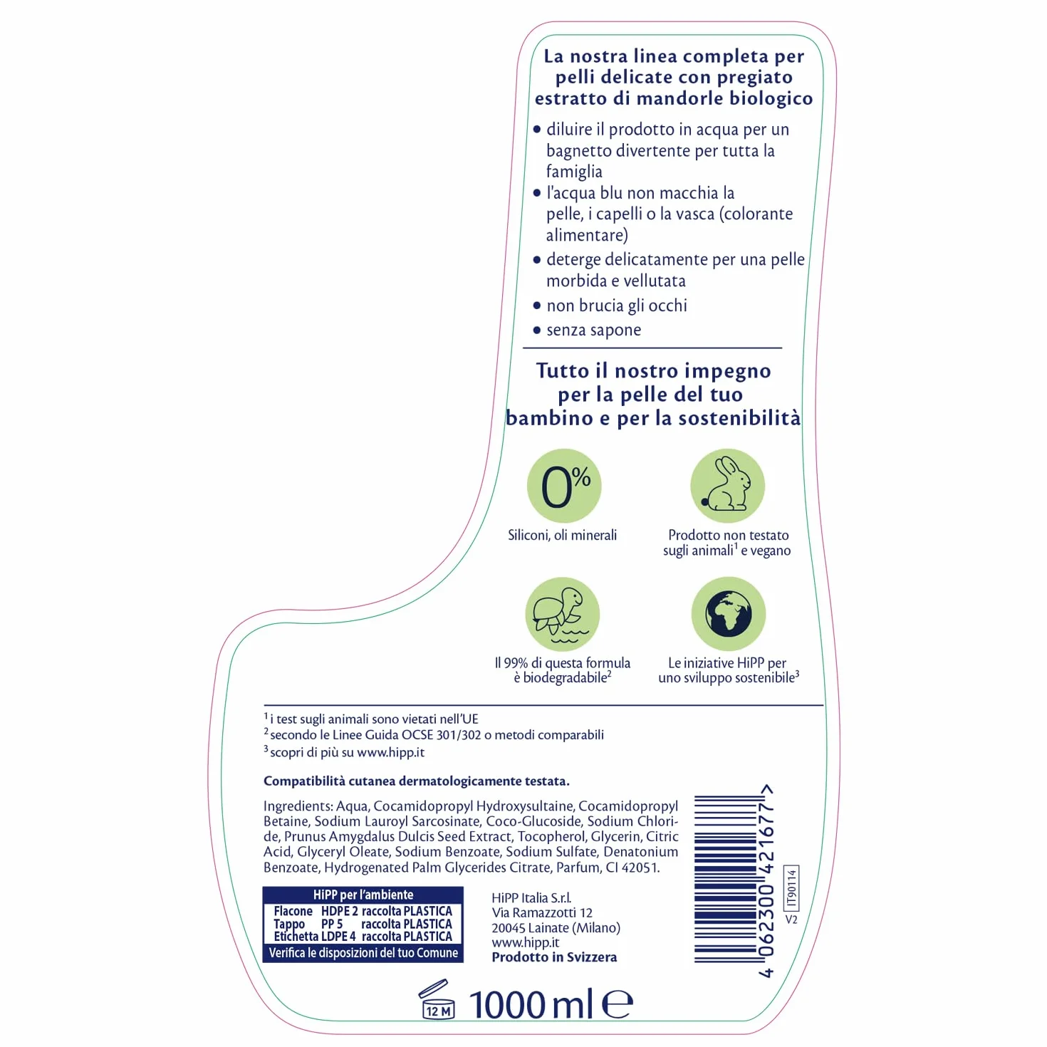 HiPP Baby Care - Happy Bagnetto HiPP, Bagnoschiuma Bambini, Formato Famiglia, per Pelli Sensibili, pH Neutro, con Estratto Naturale di Mandorle Bio, 1 Flacone da 1000 ml, Bagnetto Neonato
