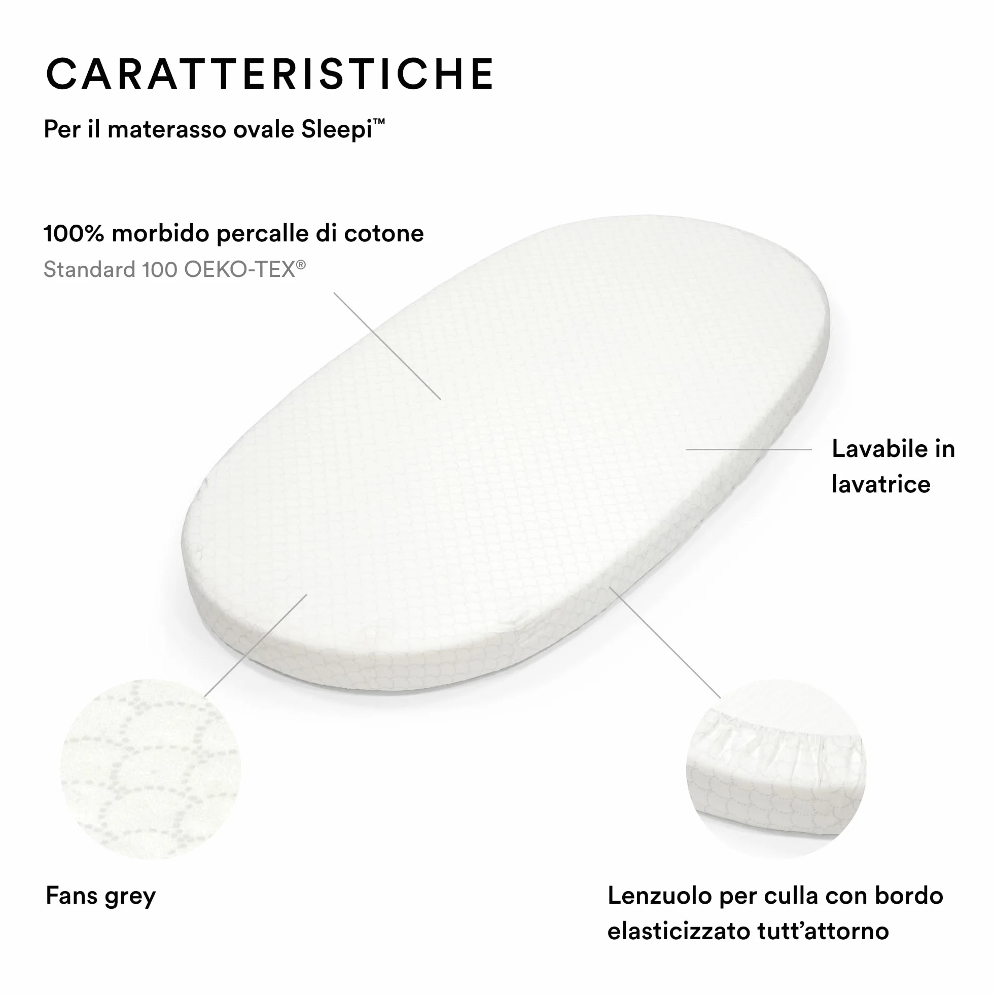 Stokke Lenzuolo sotto Sleepi, Fans Grey - Morbide lenzuola per sogni dolcissimi - Per i letti Sleepi - 100% morbido percalle di cotone - Lavabile