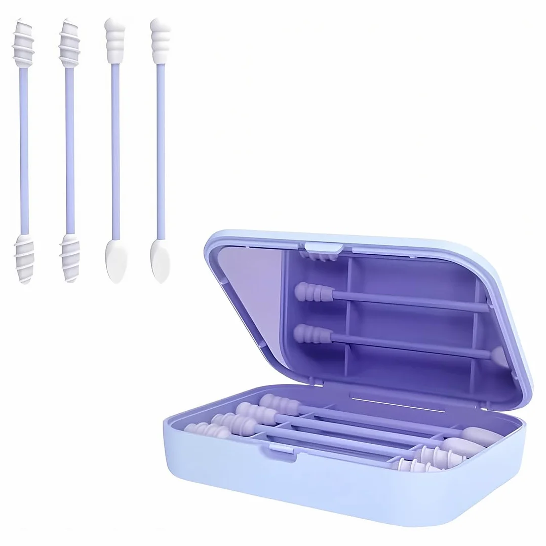 4 Pezzi Bastoncini di Cotone in Silicone Riutilizzabili, Con Specchio, Doppia Spirale per Pulizia Orecchie, Make-Up, Igiene Orale e Dentale (Blu)