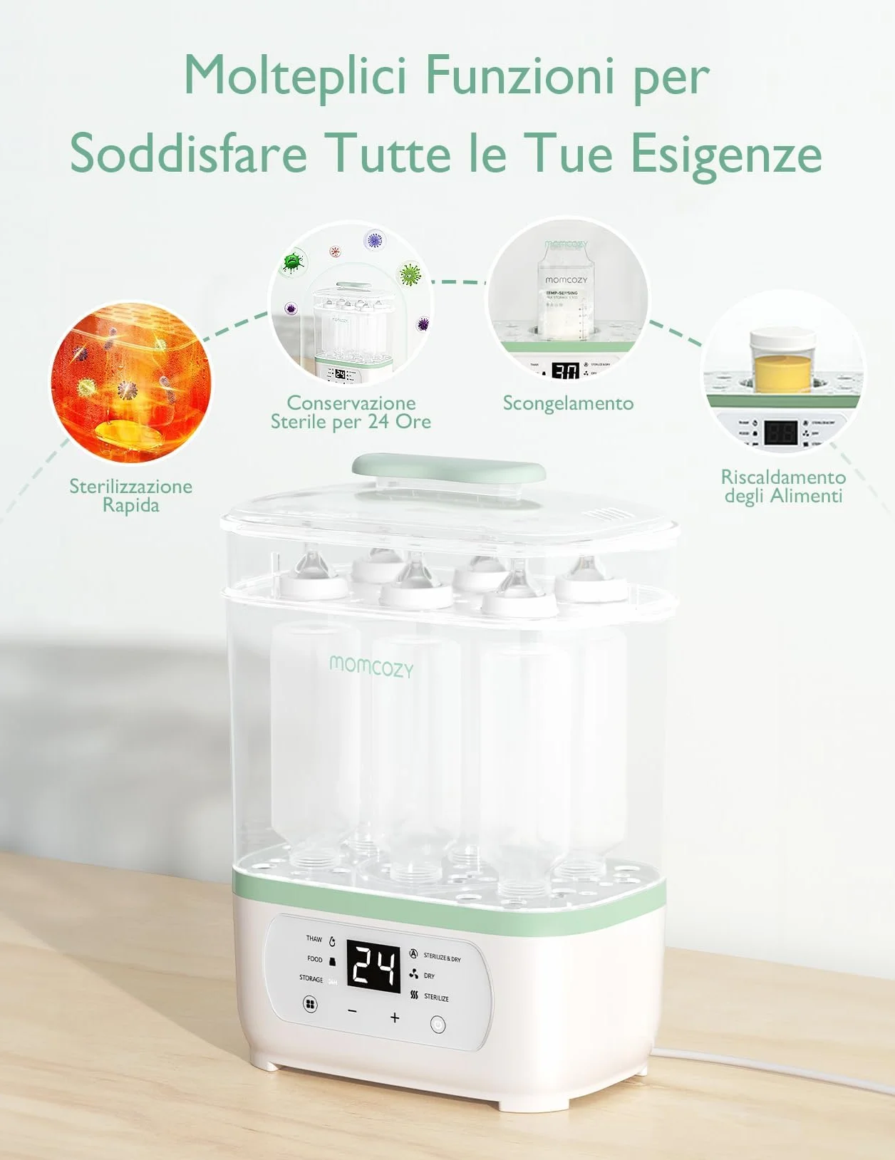 Momcozy Sterilizzatore Biberon Elettrico a Vapore 3-in-1 – Sterilizza, Asciuga e Riscalda, Elimina Molti Batteri Comuni In Vari Scenari d’Uso, Capacità 8 Biberon, Protezione Antigermi 24h