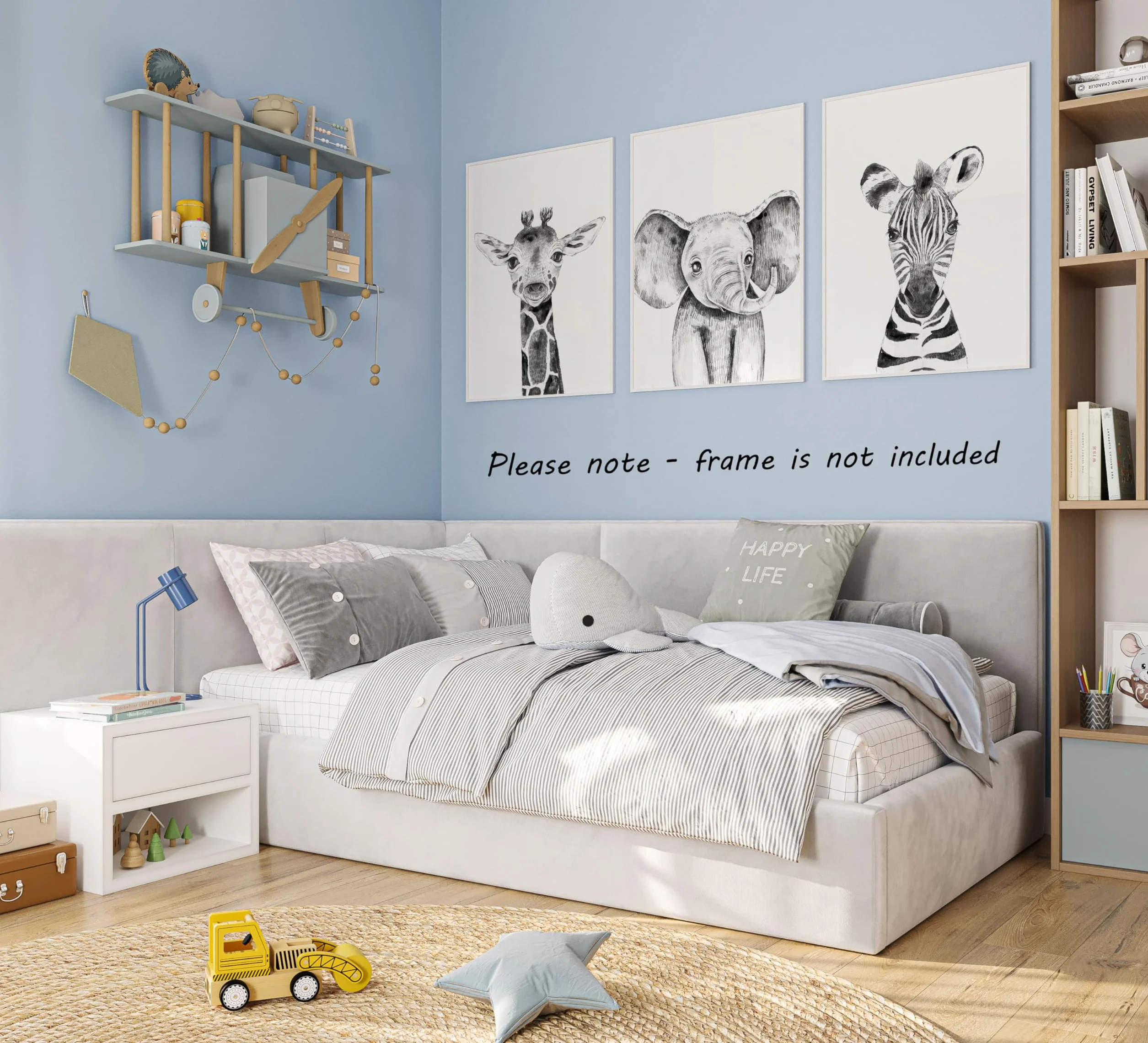 Eviepops Prints Quadri Cameretta Bambini Safari – Set di 3 Stampe Animali Elefante, Giraffa, Zebra Stile Bianco e Nero Decorazione Parete Bambini Senza Cornice (A3)