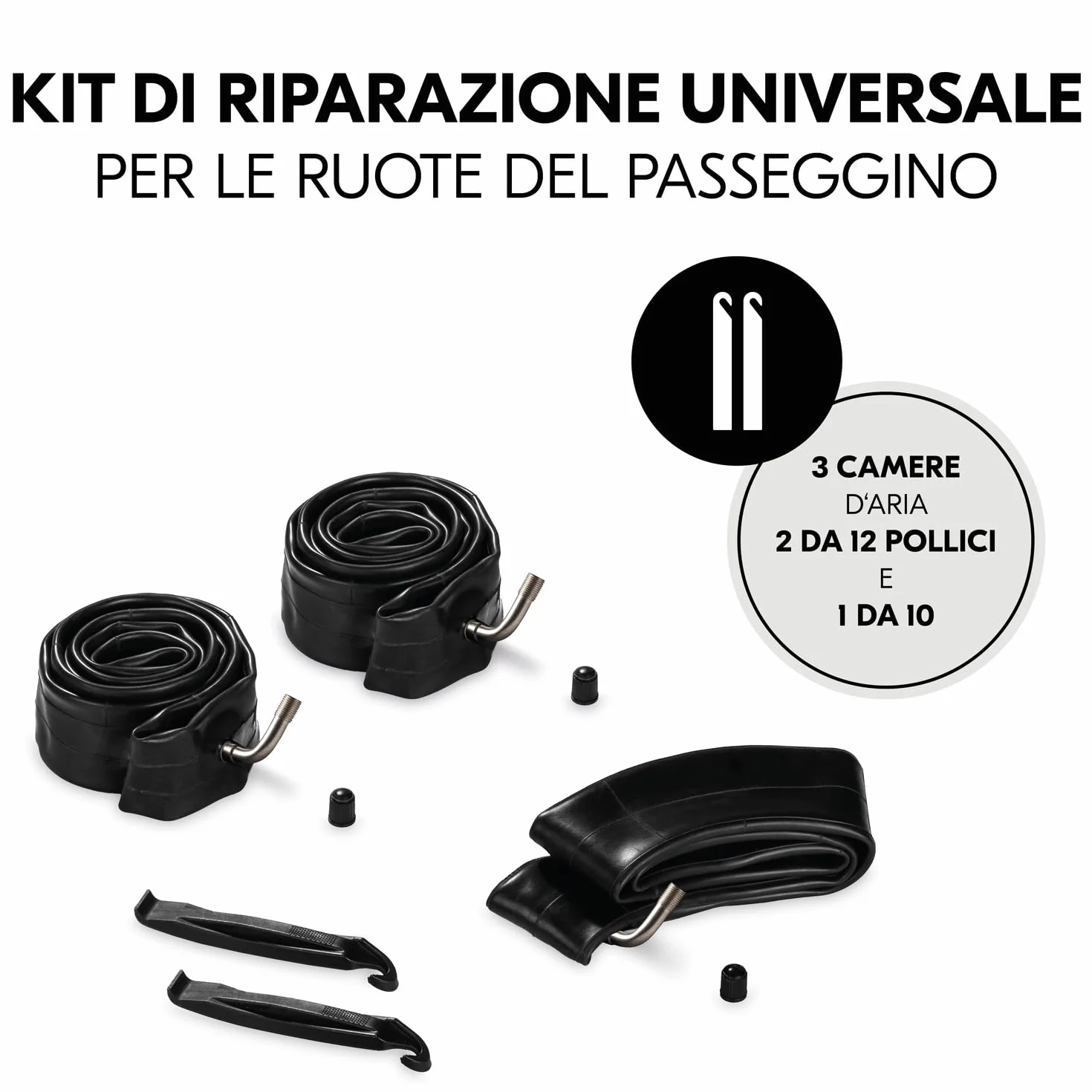 hauck Kit Riparazione Gomme per Passeggini 3 Ruote - 2 Camere D'Aria da 12" e 1 da 10" e Leve Cacciagomme - Kit Riparazione Ruote Per Passeggino come il Rapid 3 Air di hauck - Nero