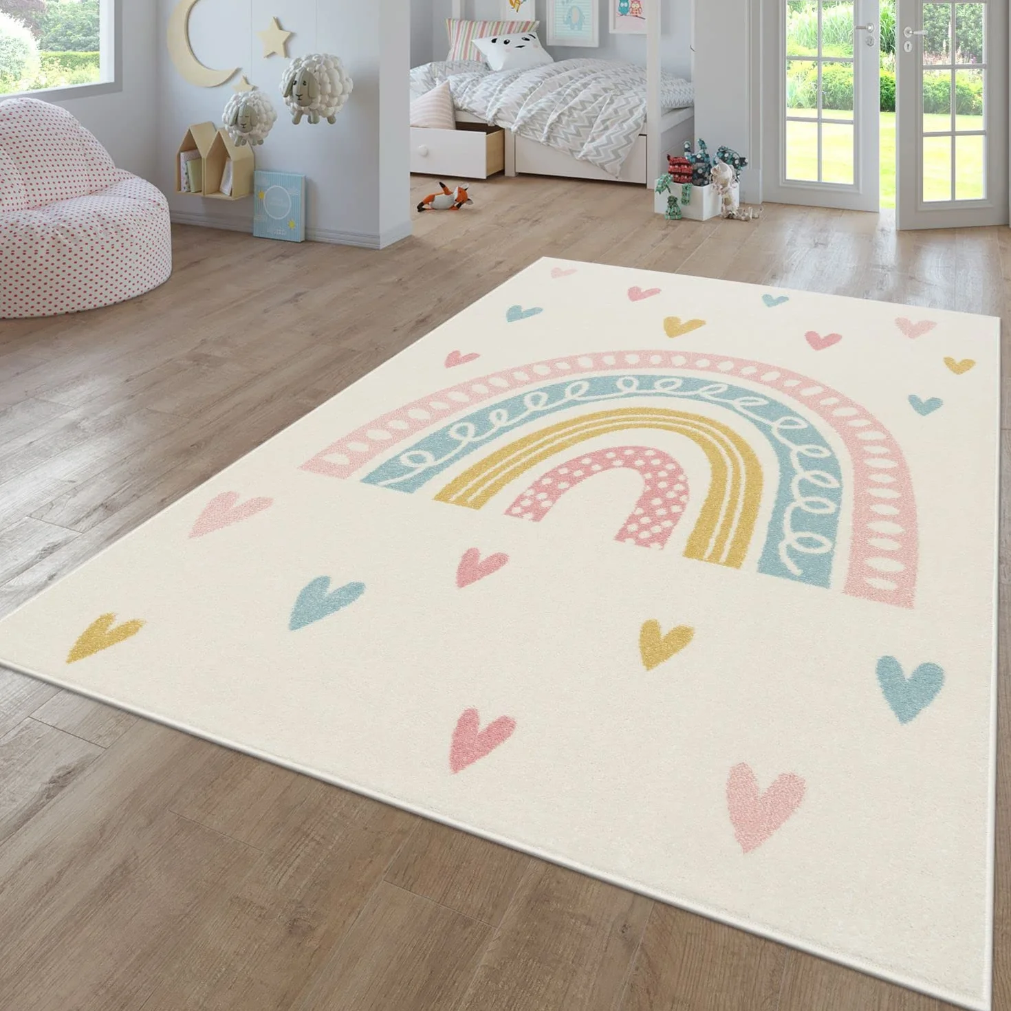 TT Home Tappeto Bambini Cameretta Bambina Ragazzi Moderno Arcobaleno Nuvola Motivo Con Animale Colorato, Colore:Crema4, Dimensione:80x150 cm