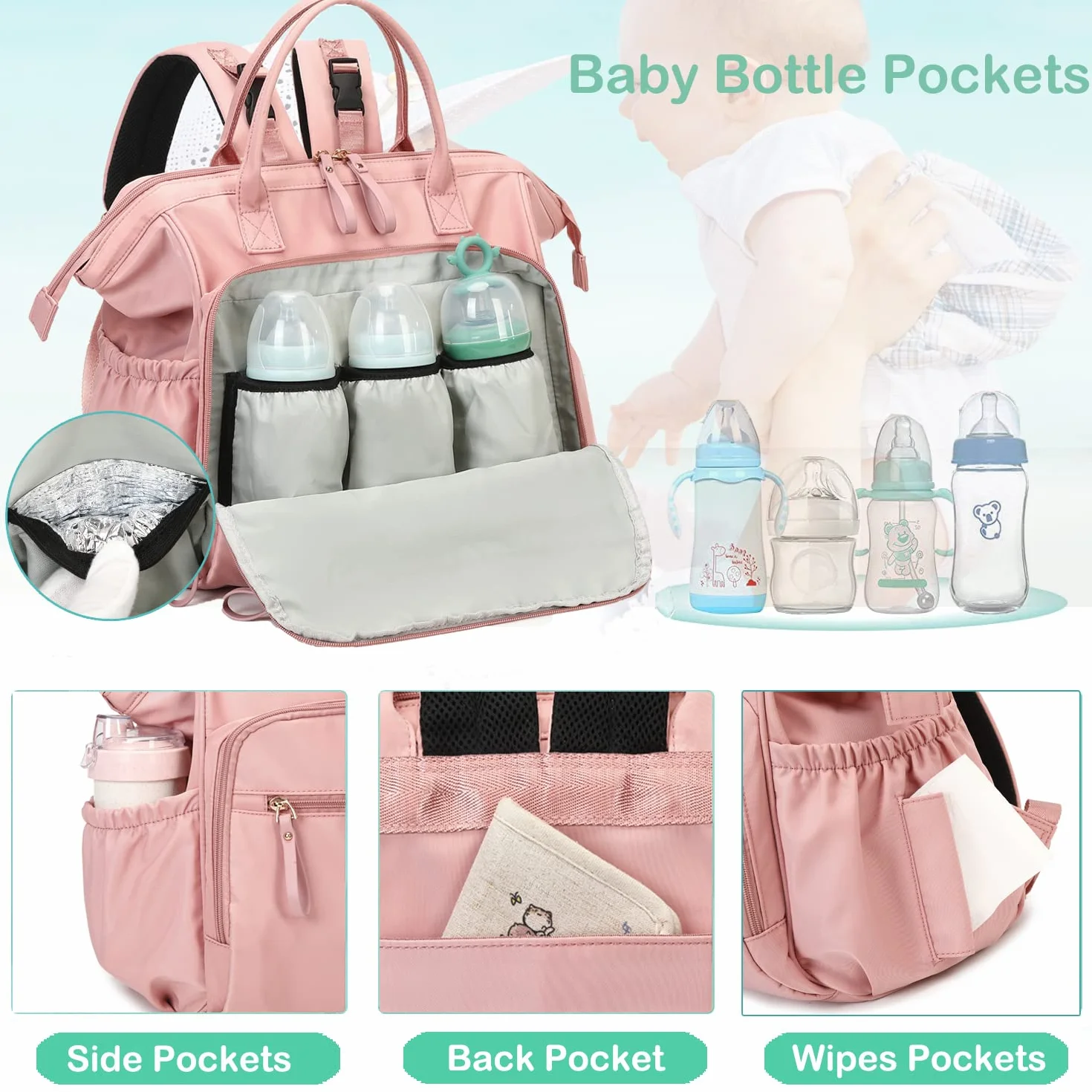 LORADI, Borsa tote portapannolini convertibile, con ampia apertura nella parte superiore,14 tasche e supporto per passeggino, impermeabile