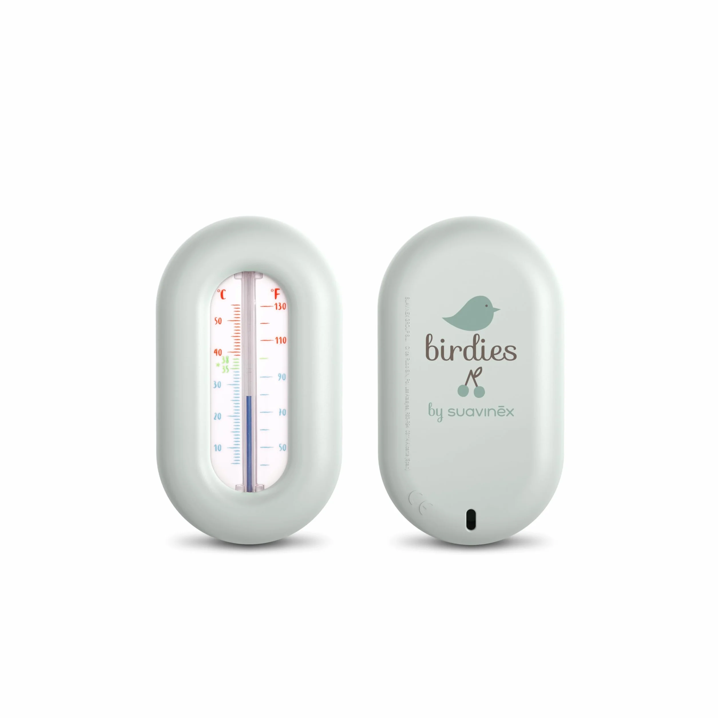 Suavinex, Termometro da Vasca per Neonati, per il Bagnetto, Senza Mercurio, Senza Batterie, Preciso, Resistente, Veloce e con Scala Cromatica, Gradi ºC e ºF, Galleggiante, +0M, Design Birdies, Verde