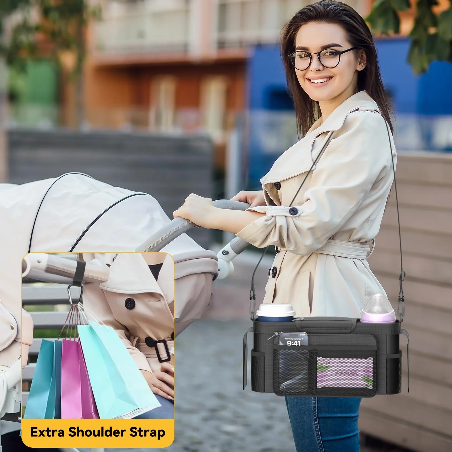 KDD Borsa Passeggino con Portabicchieri Isolato, Borsa per Passeggino con Tasca da Polso e Tracolla Staccabili, Organizer per Passeggino Universale, Borsa Carrozzina Neonato per Uppababy, Doona, Nuna