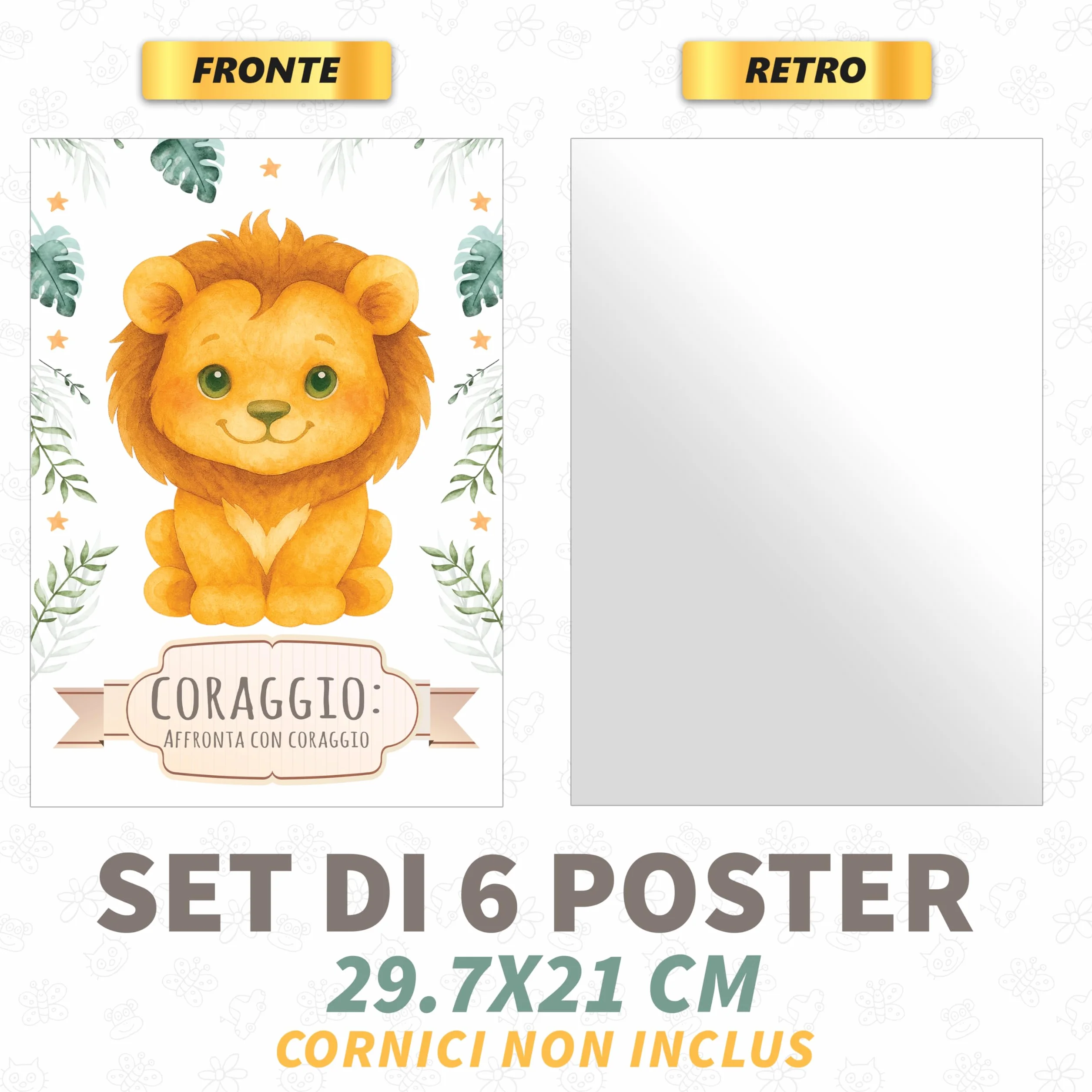 NAÏZAYA Cameretta Bambina Bambino Decorazioni - Set 6 Poster Quadri Animali 21x30cm - Frasi Motivazionali Italiano, Senza Cornice