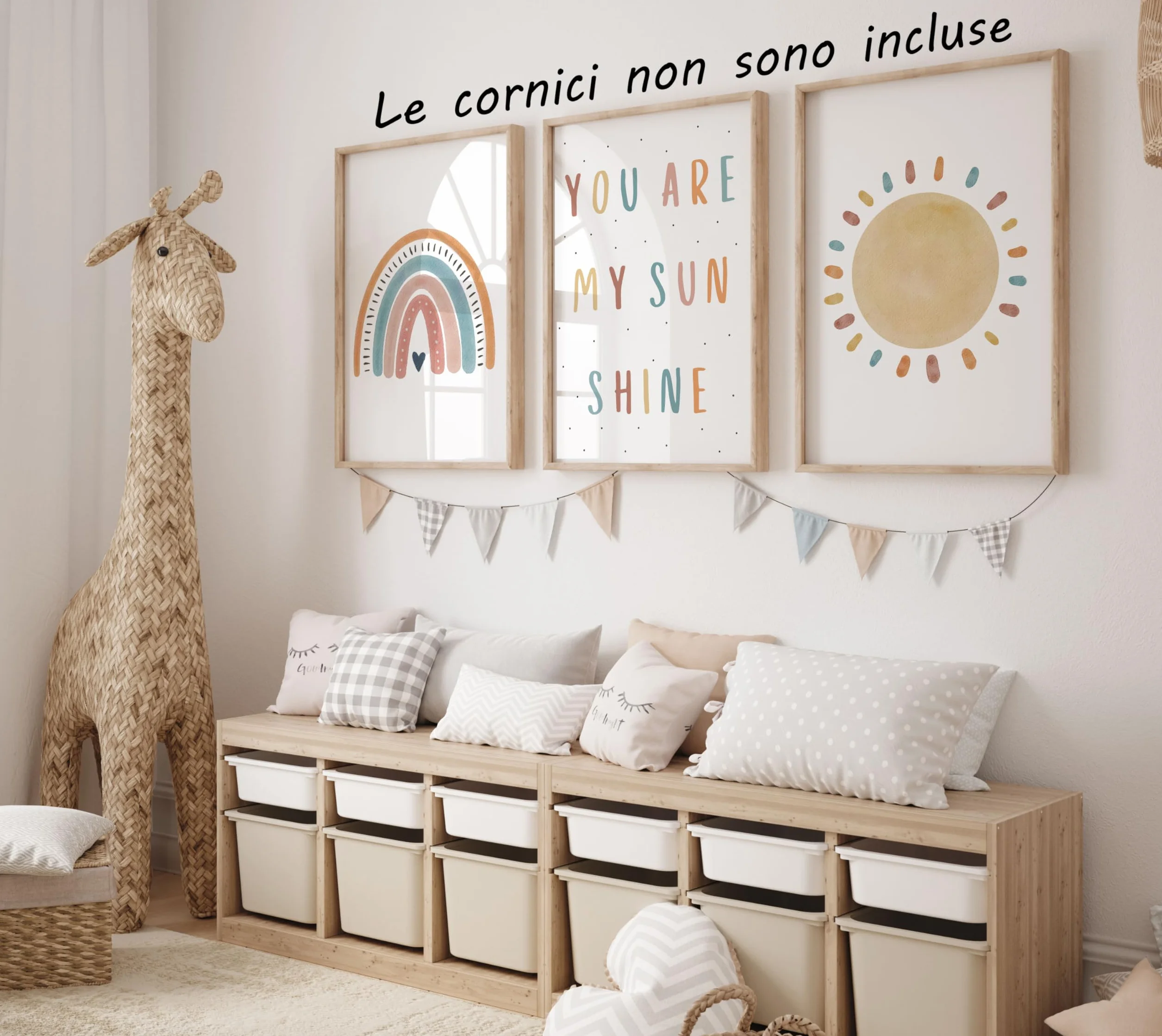 Eviepops Prints Quadri Cameretta Bambini “You Are My Sunshine” Set di 3 Stampe Boho Arcobaleno e Sole Senza Cornice, Decorazione Parete (A3)