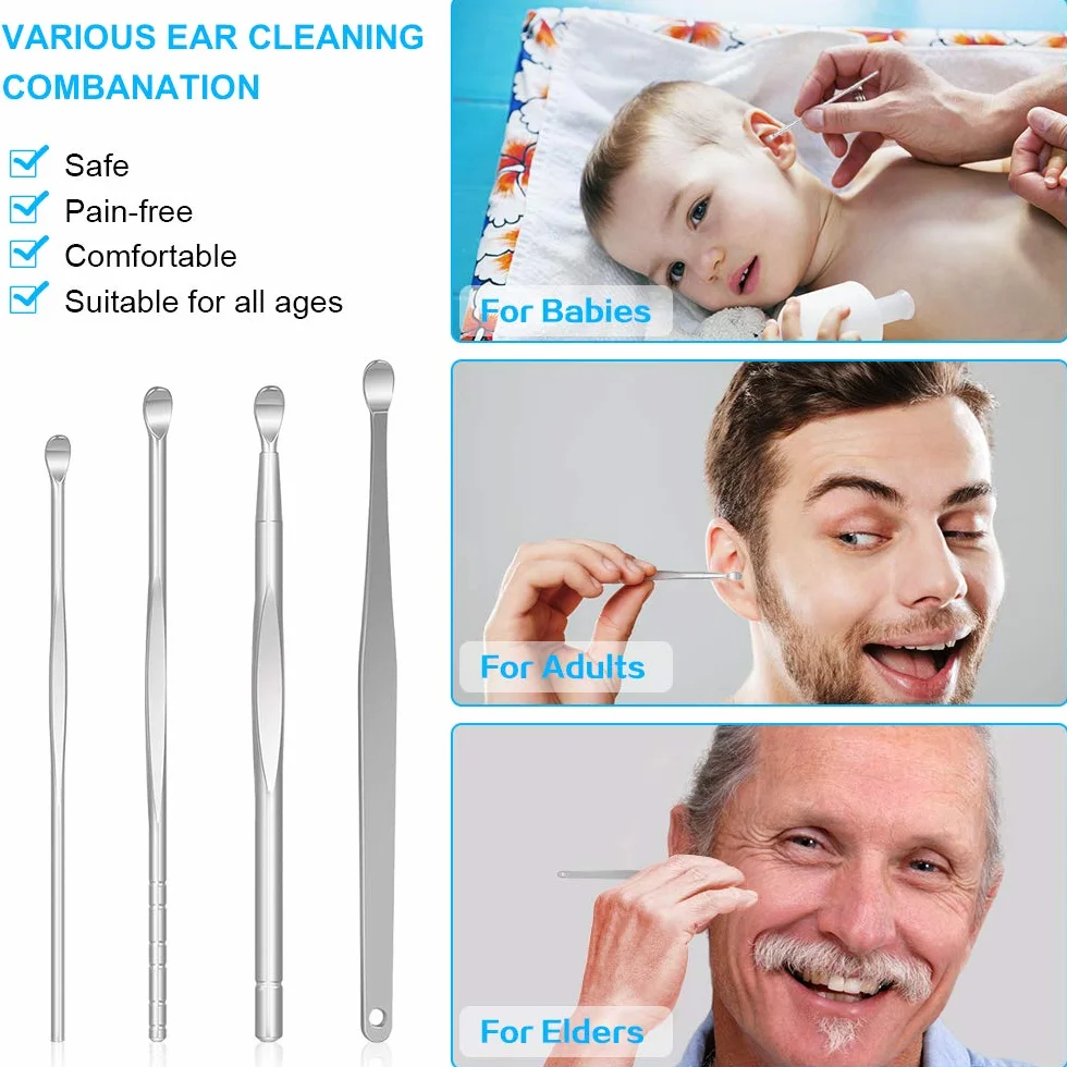 Pulisci Orecchie, Kit di Rimozione del Cerume, 9 Pezzi di Strumenti per Pulizia dell’Orecchio in Acciaio Inox, Professionale Pinzetta Curva Curetta Doppio-Punto Spirale con Scatola per Adulti Bambini