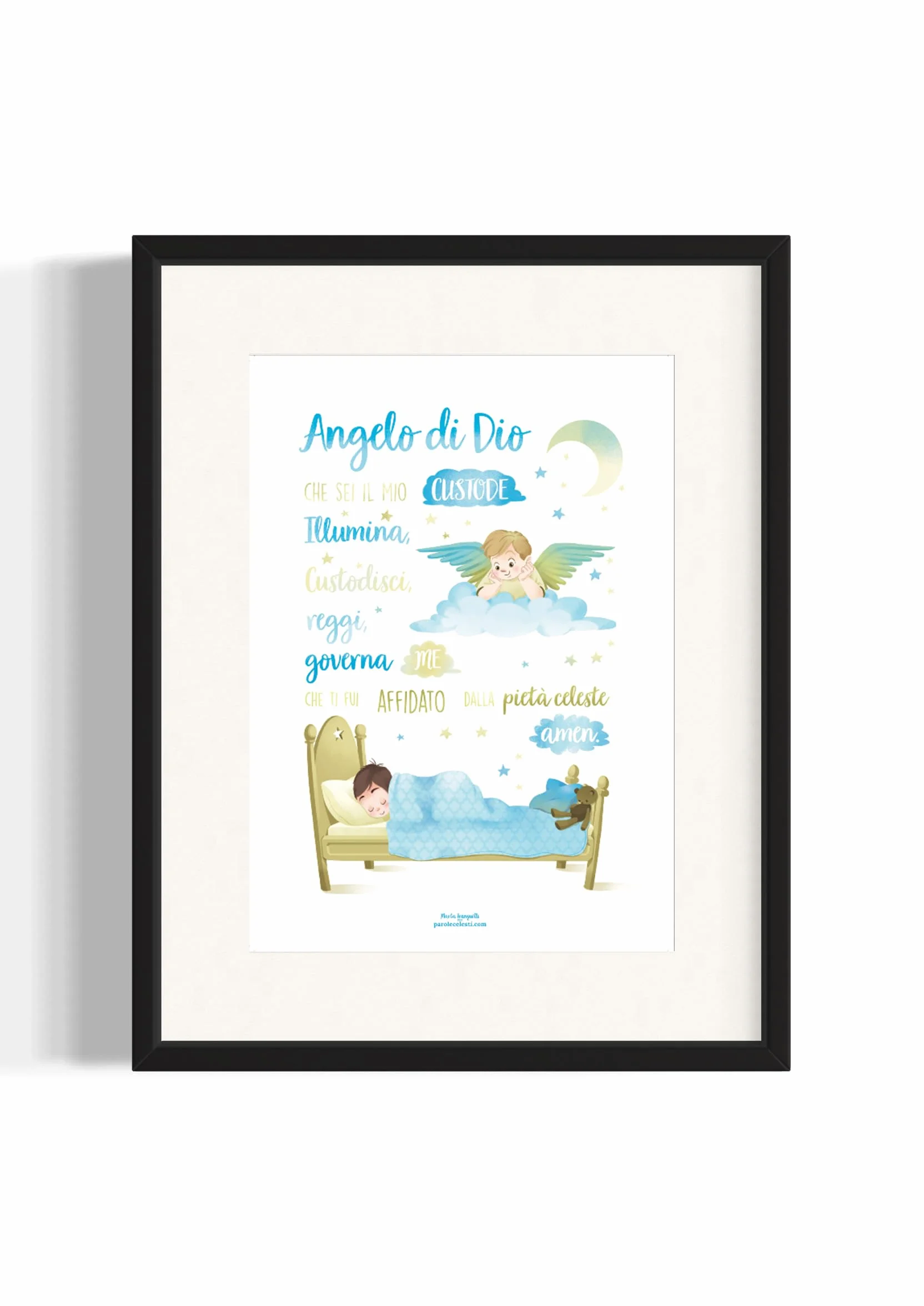 Parole Celesti - Stampa dell'Illustrazione della Preghiera dell'Angelo di Dio - Testo Calligrafico - Decoro per Cameretta - Poster per cameretta - quadretto da Appendere - Wall Art (Blu)