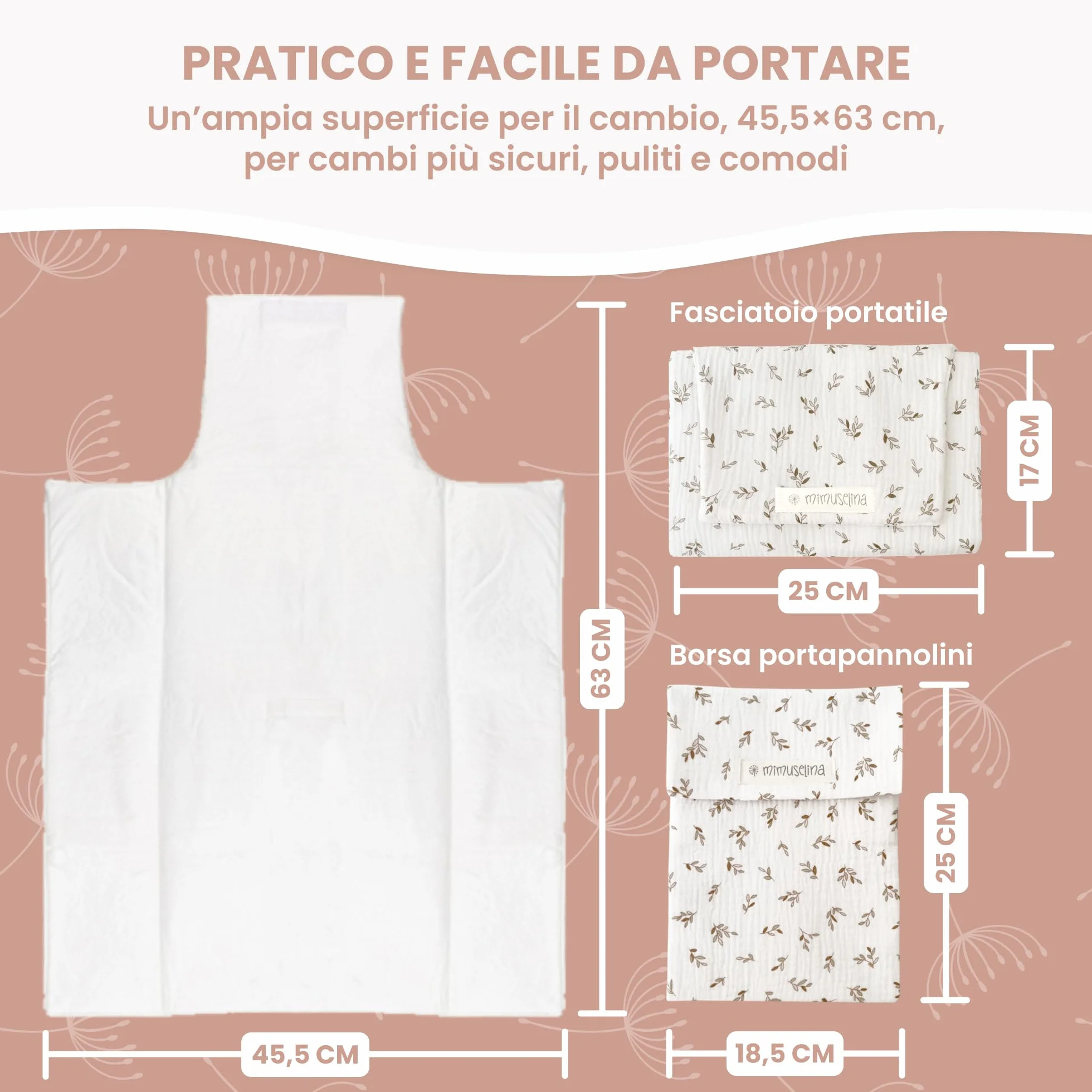 MIMUSELINA Set Fasciatoio Portatile Neonato e Borsa per Pannolini | Fasciatoio da Viaggio Pieghevole, Impermeabile e Leggero | Esterno 100% Cotone | Ideale come Regalo Neonato | Fatto a Mano in Spagna