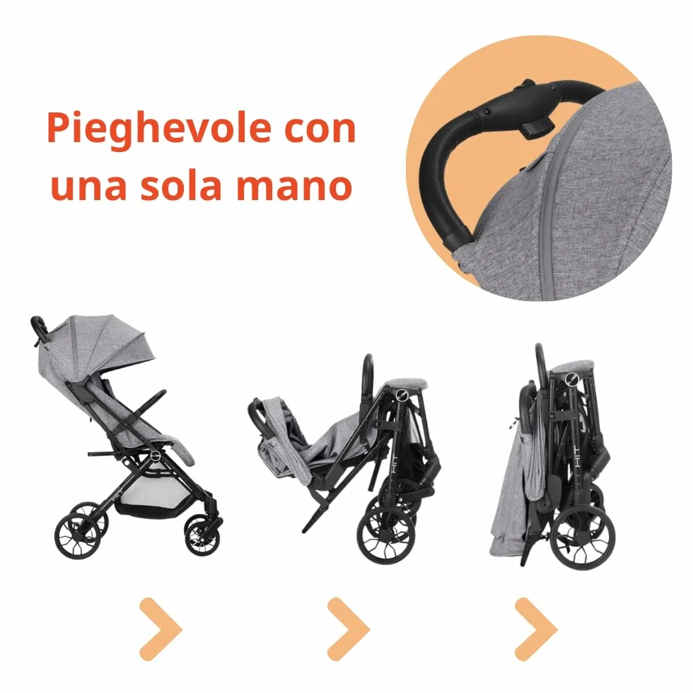 Nurse Hit Passeggino leggero fino a 22 kg, Pieghevole compatto con una mano, Maniglia per il trasporto, Schienale reclinabile, Cappottina estensibile, Grigio
