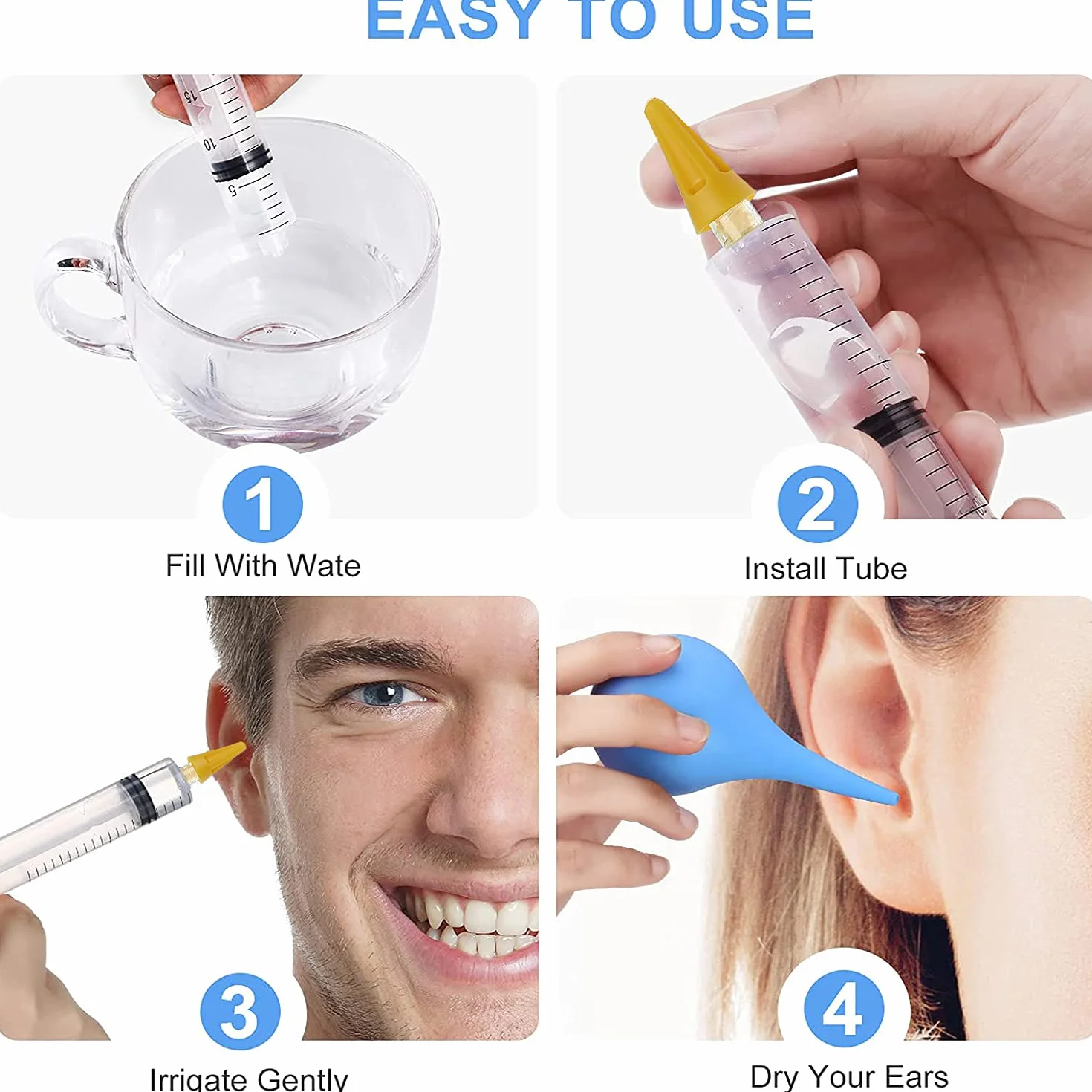 Pulitore Orecchie con 4 Punte a Getto Quintupla, Kit Siringa Pulisci Orecchie, Pulitore Intelligente per le Orecchie per Rimuovere il Cerume Facile da pulire per Bambini e Adulti