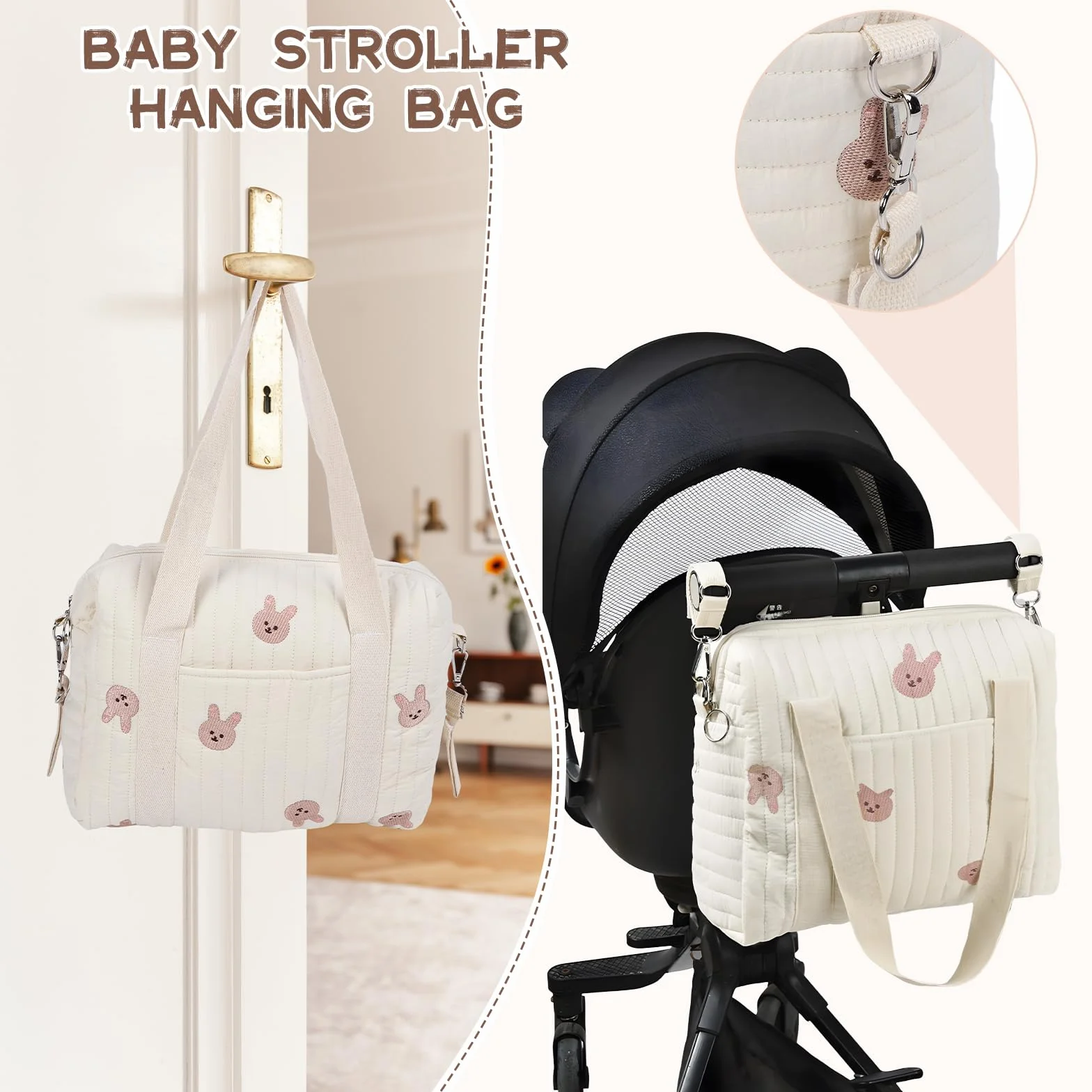 Borsa Portaoggetti per Passeggino Borsa da Viaggio Organizer per Passeggini per Carrozzina di Grande capacità con 2 Cinghie per Passeggino per Il Cambiamentodel Pannolino(Coniglietto)
