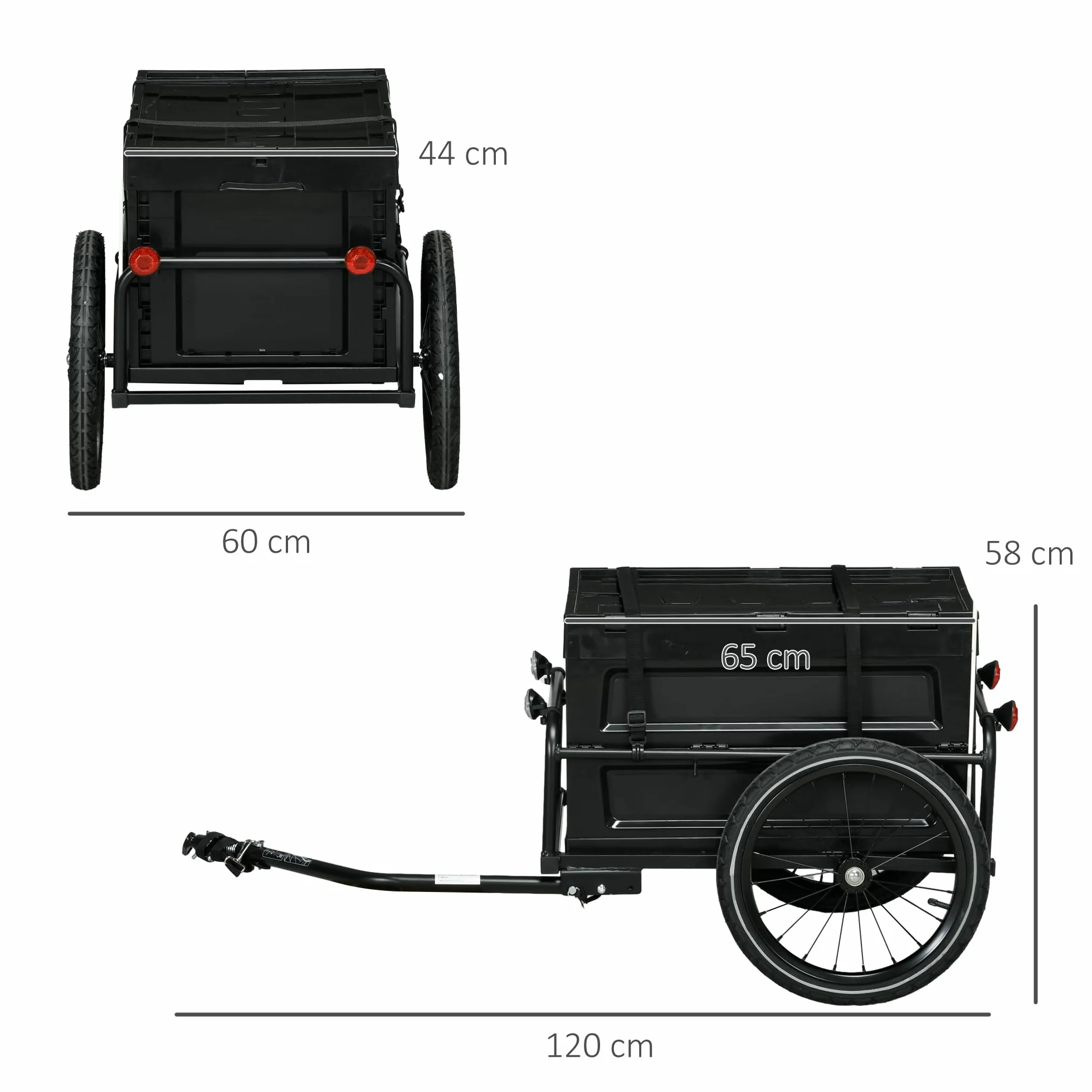 HOMCOM Rimorchio per biciclette, carrello portabici, carro per biciclette con cassetta pieghevole da 65L, grandi pneumatici e catarifrangenti sicuri, carico massimo 40KG, nero