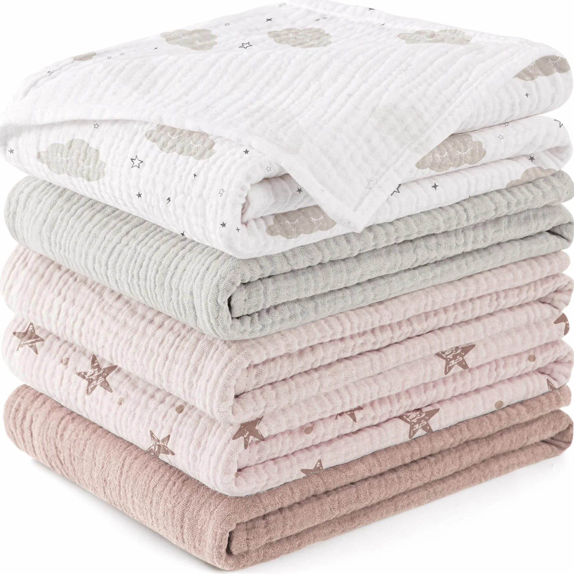 Susurration Bambino in Mussola Per Neonati, 5 Pezzi, Set 60x60CM, Super Morbido Assorbente in Mussola A Grana Per Neonati, Unisex, Per Bambine E Ragazzi (pentagramma rosa)