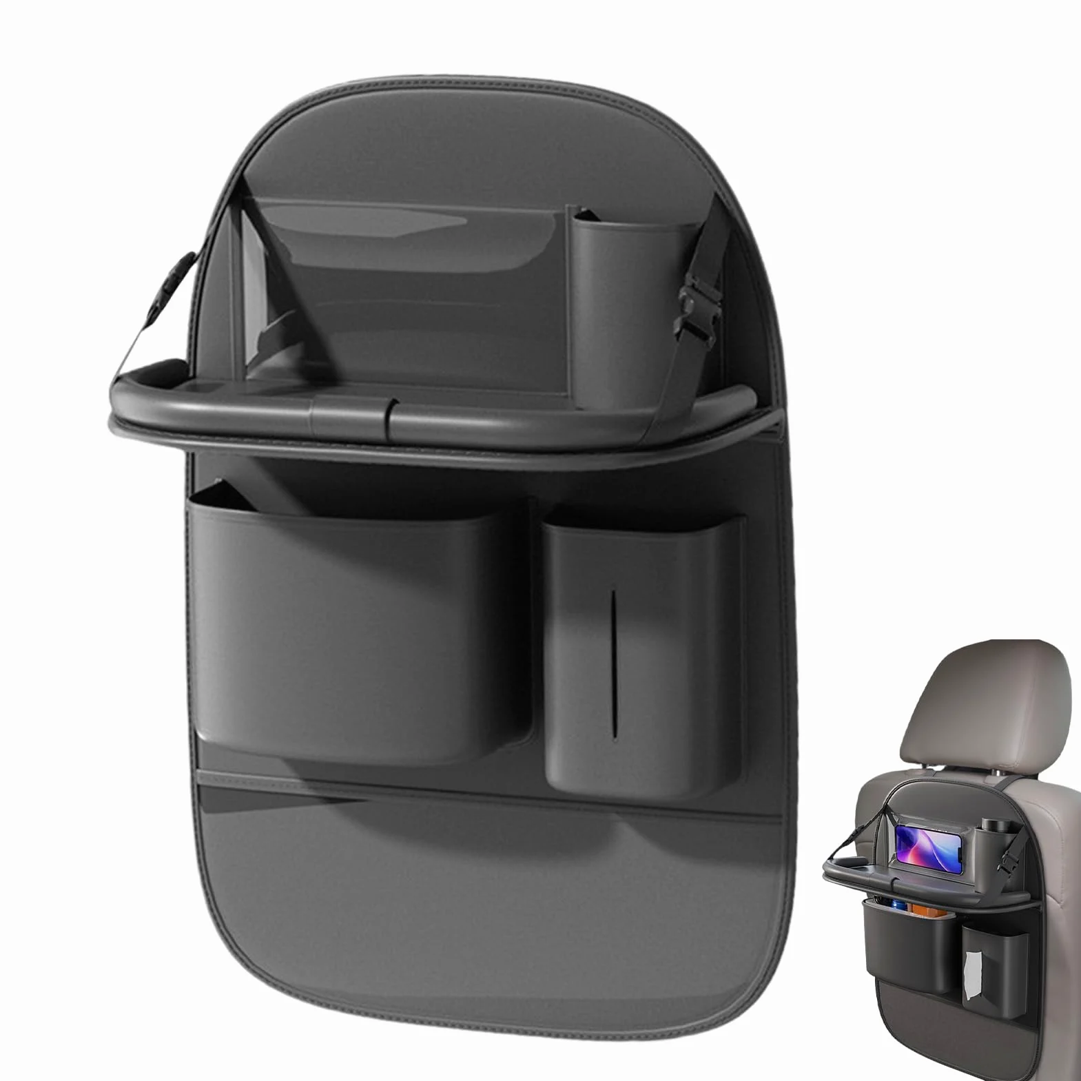 Organizzatore per seggiolino auto | Vassoio da pranzo per auto – Organizzatore per telefono e bicchiere per viaggi, viaggi stradali, uscite familiari, furgoni, e viaggi giornalieri