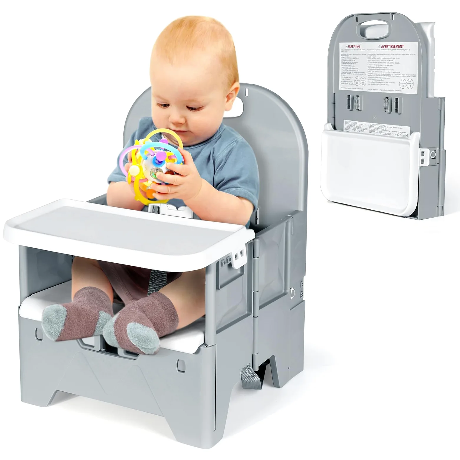 Orzbow Sedia pieghevole per bambini, stabile seggiolone da viaggio con vassoio rimovibile, materiale ABS e struttura stabile, sedia da campeggio portatile per bambini da 6 mesi a 3 anni, 15 kg, grigio
