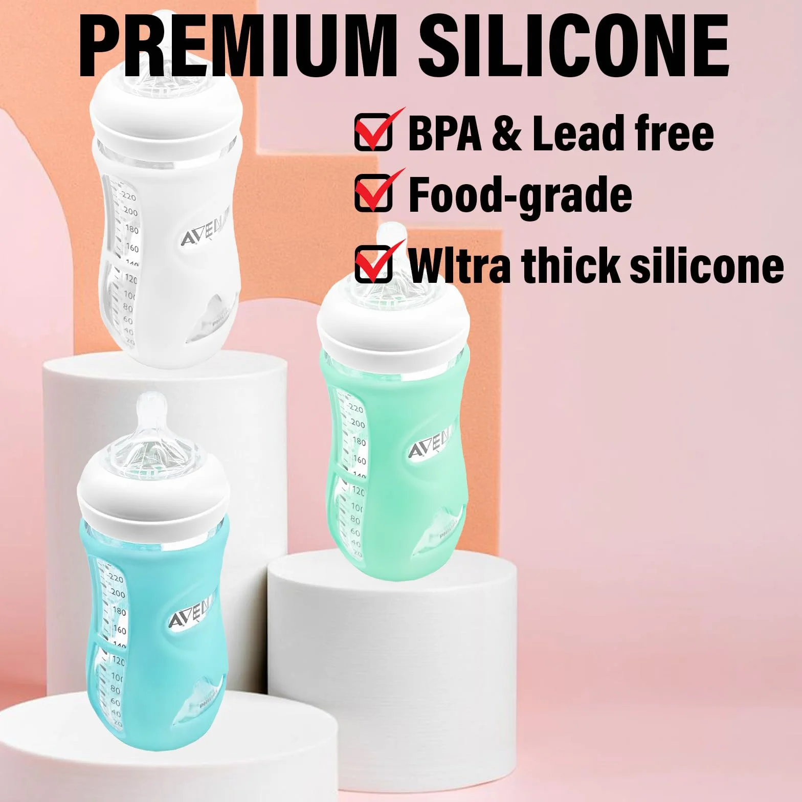 GADITIEK Confezione da 3 custodie in silicone per biberon Avent Natural, in vetro, infrangibili, compatibili con i biberon Philips Avent Natural, in vetro da 240 ml (240 ml)