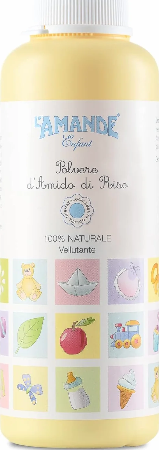 L'AMANDE - Amido di Riso Bagnetto Neonato, Talco Profumato in Polvere per Bambini e Neonati, Rinfrescante ed Emolliente Contro Arrossamenti e Irritazioni, Polvere Vellutante Naturale - Enfant, 150 g