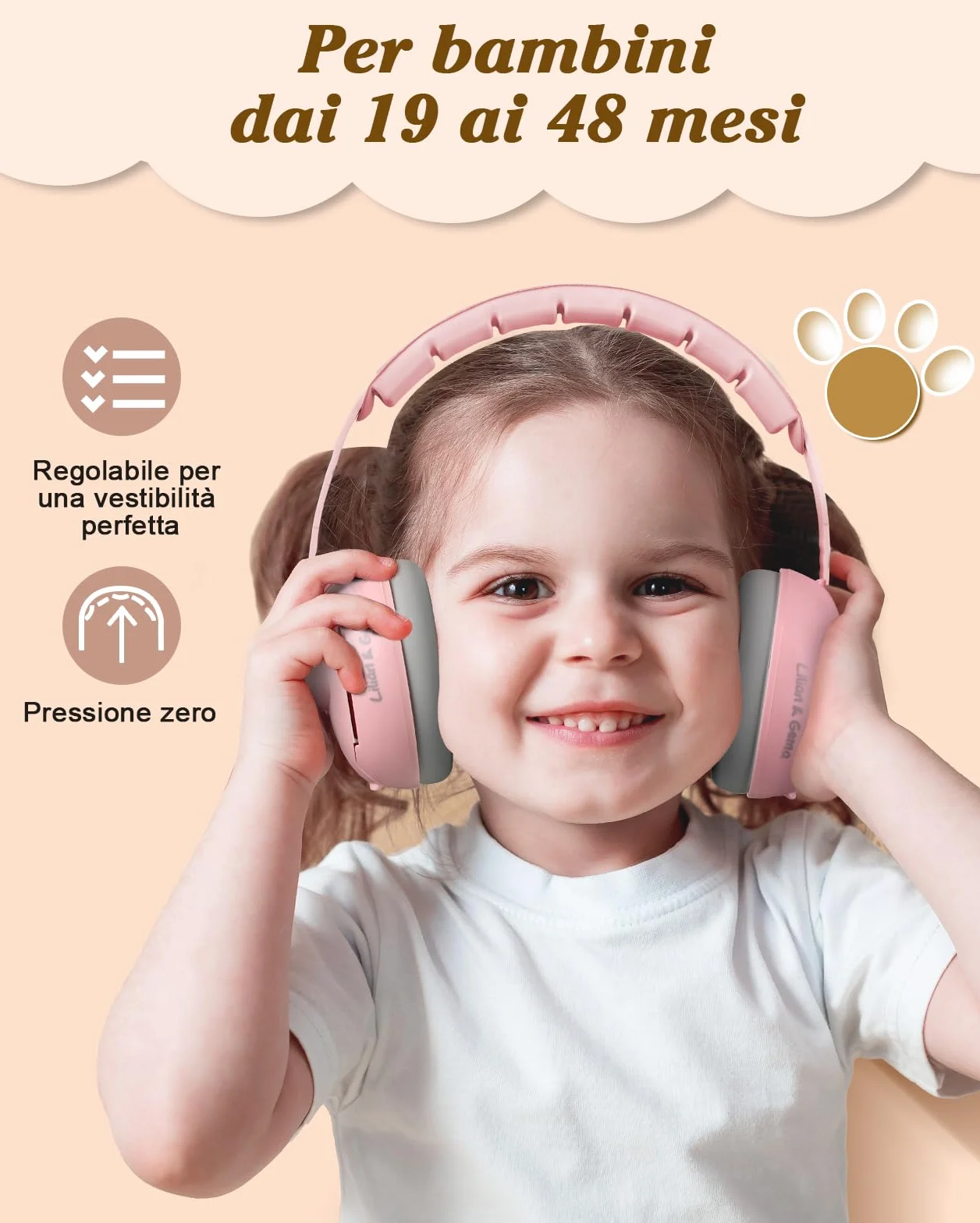 Lilian&Gema 2 in 1 Cuffie Neonato Antirumore -25dB,Protettori acustici per neonati, archetto regolabile, antiscivolo e antistress, protezione acustica ideale per neonati fino a 48 mesi