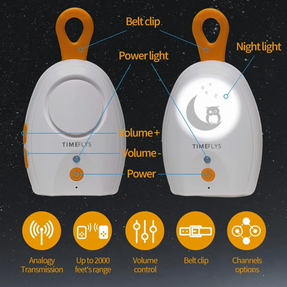 TimeFlys Paladin Baby Monitor Audio Versione Aggiornata, Portatile, Ricaricabile, Portata Extra Lunga Fino a 609,6 m, Luce Notturna, Suono Cristallo, Campeggio