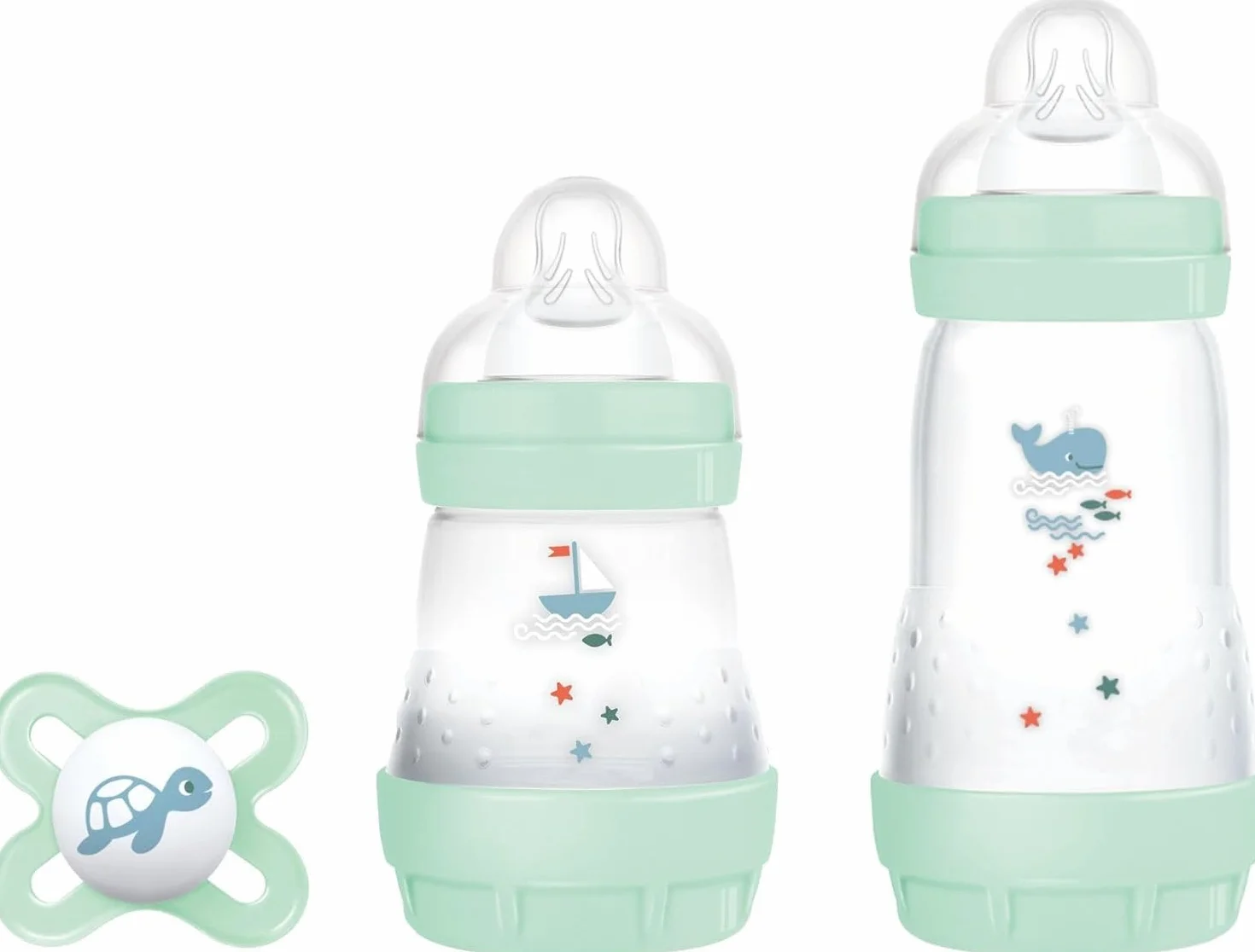 MAM Biberon Set Neonato con 2 biberon anticolica Easy Start 130 ml e 260 ml e Ciuccio Original Start, Riduce bolle d'aria e il rischio di coliche, Accessori neonati con tettarella in silicone, Verde