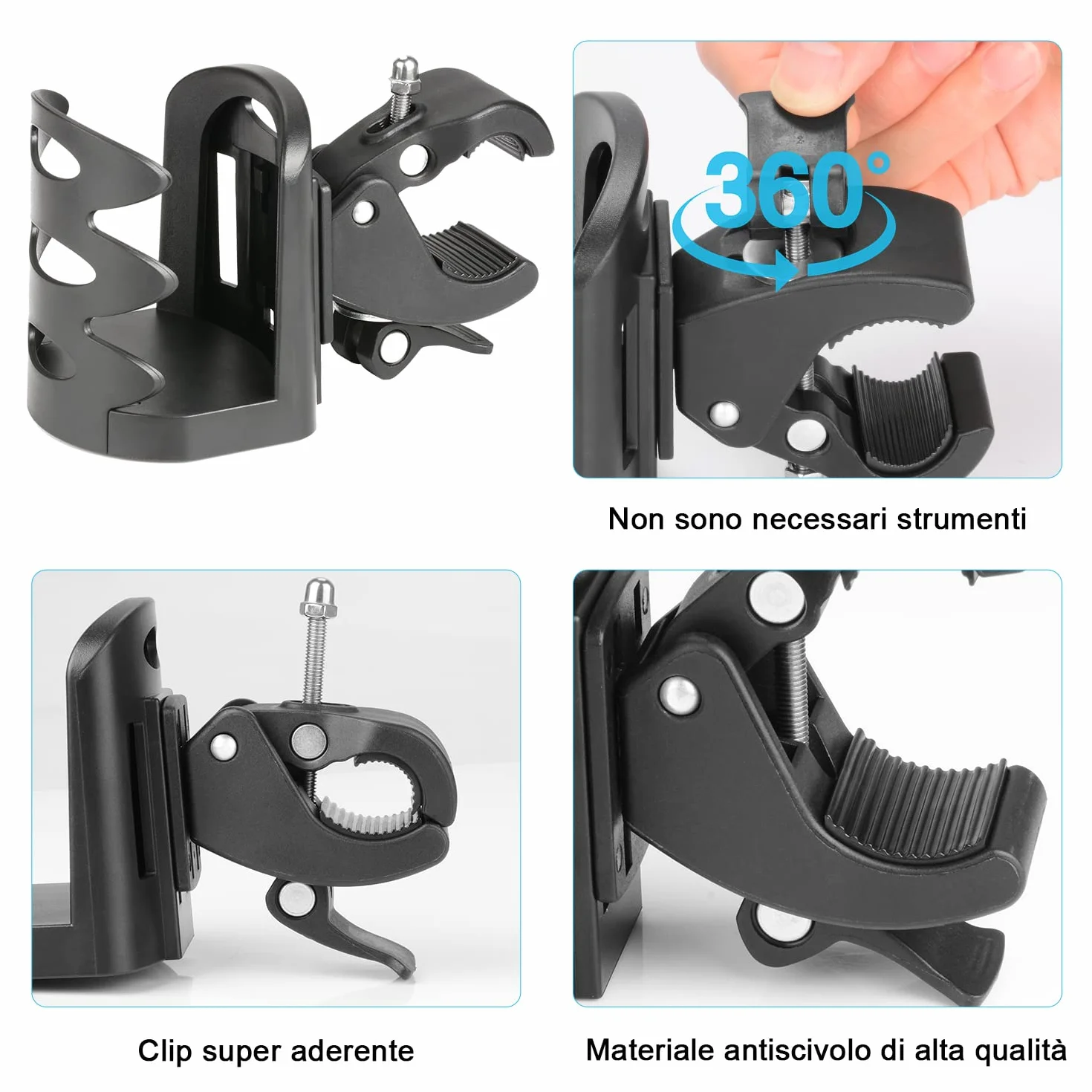supregear Portabicchieri per Passeggino, Universale Rotazione a 360 Gradi portabicchiere passeggino, Elevata stabilità Porta Borraccia per Bici, Passeggini, Sedie a Rotelle, Moto, Nero