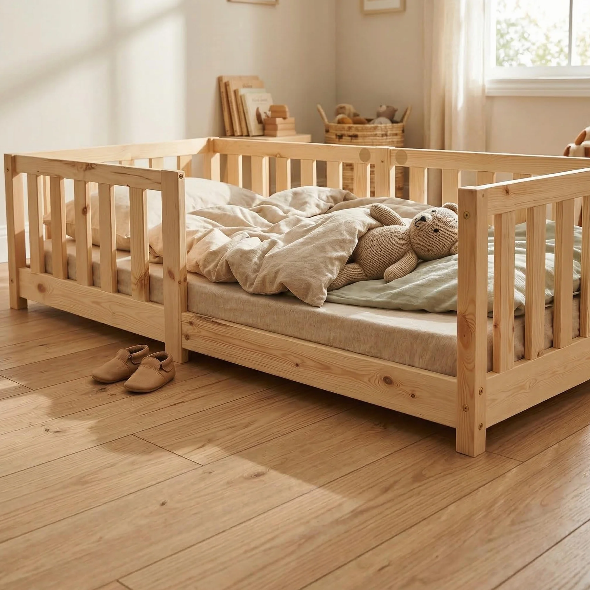 ecoMI Letto per bambini con protezione anticaduta e rete a doghe, letto da pavimento Montessori in legno di pino massiccio, letto singolo, naturale, 80 x 160 cm