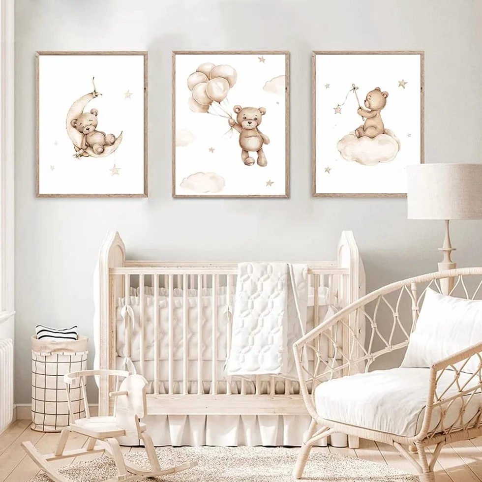 Youihom 3 Stampe per Cameretta Neonato Orso Beige Quadro Camera da Letto Bambini Palloncino Nuvola Luna 30x40 Quadretti Cameretta Ragazzo Stella Poster Tela senza Cornice