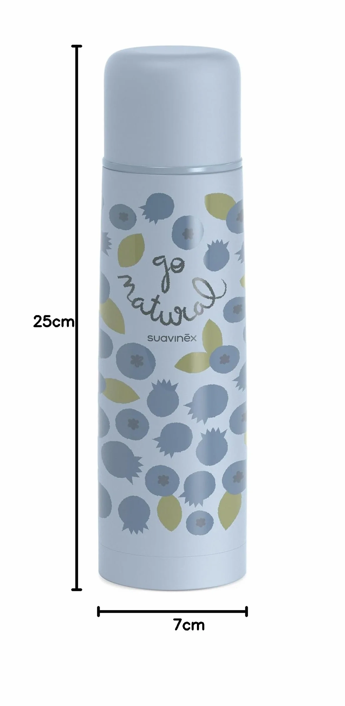 Suavinex, Thermos liquido per bebè, in acciaio inox, con chiusura ermetica, per bevande calde e fredde, 500 ml, motivo mirtillo, colore blu