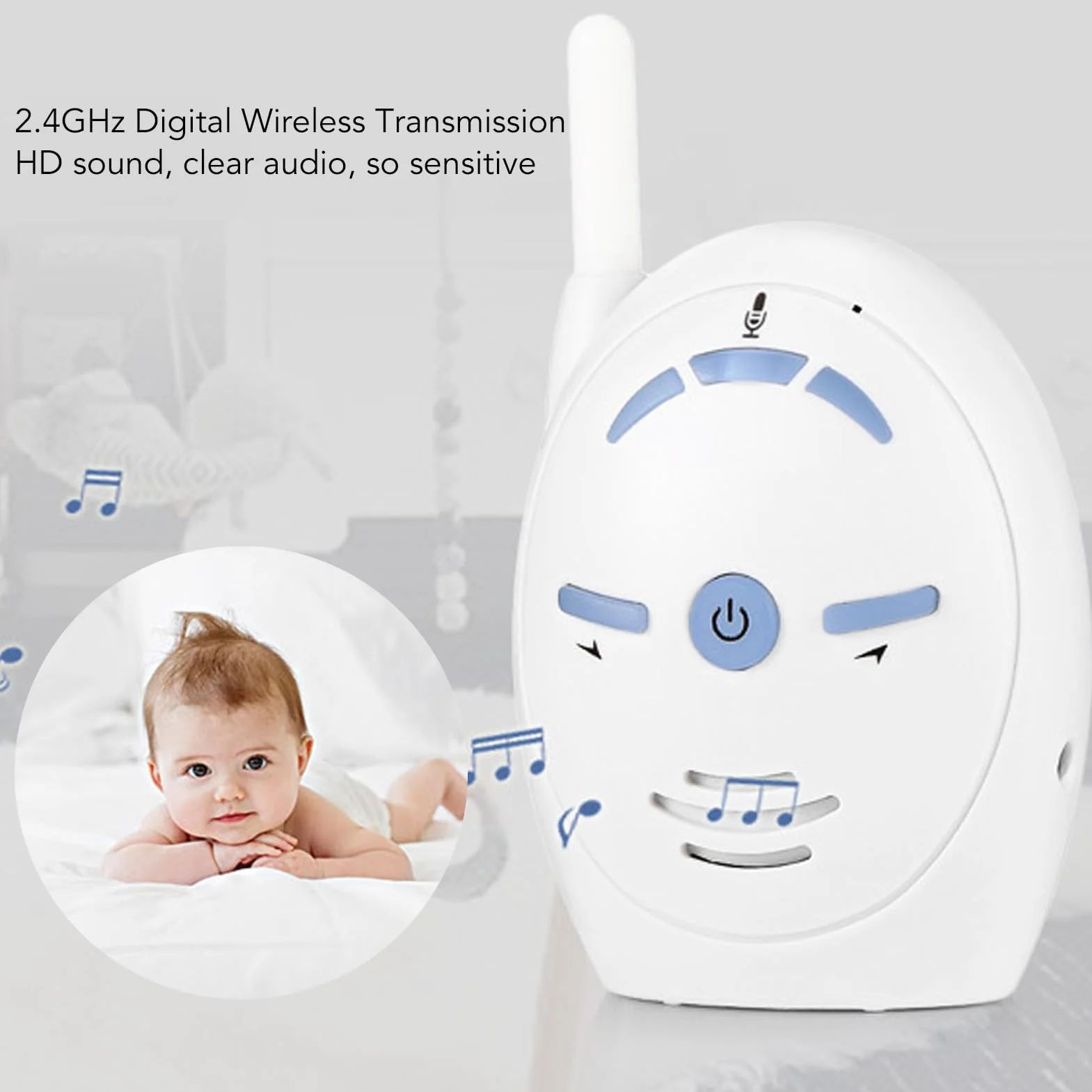 Baby Monitor Audio, Monitor Digitale per Bambini con Luce Notturna, Conversazione Bidirezionale Monitor per Bambini con Audio da 2,4 GHz Microfono e Altoparlante (Spina europea)