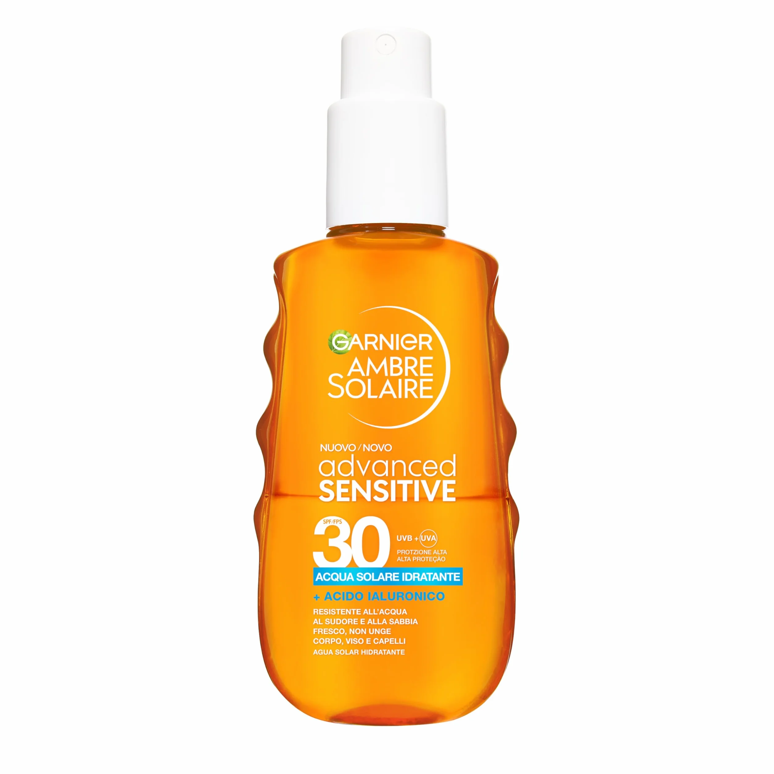Garnier Acqua Solare Idratante SPF 30, Per Tutti i Tipi di Pelle, Idratazione e Protezione dagli UV, Resistente ad Acqua, Sudore e Sabbia, Finish Invisibile, Ambre Solaire Advanced Sensitive, 150 ml